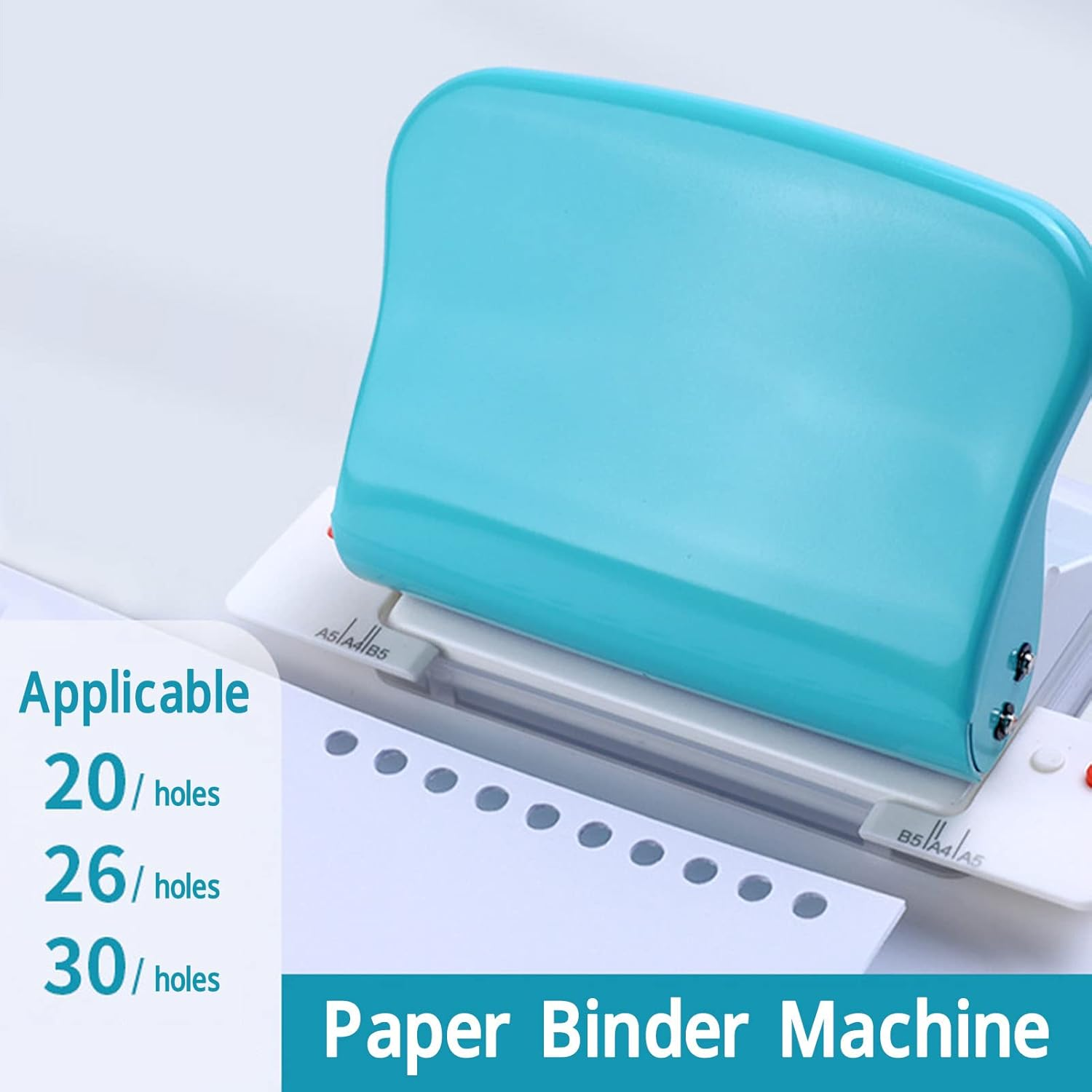Eine türkisfarbene Papierlocher-Maschine mit Papier, die anwendbare Lochzahlen zeigt: 20, 26, 30.