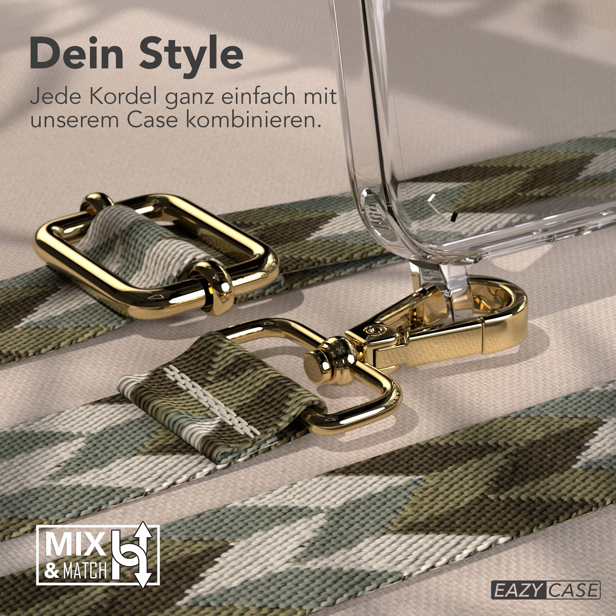 Ein Camouflage-Band mit goldenen Beschlägen und einem transparenten Handyhülle.