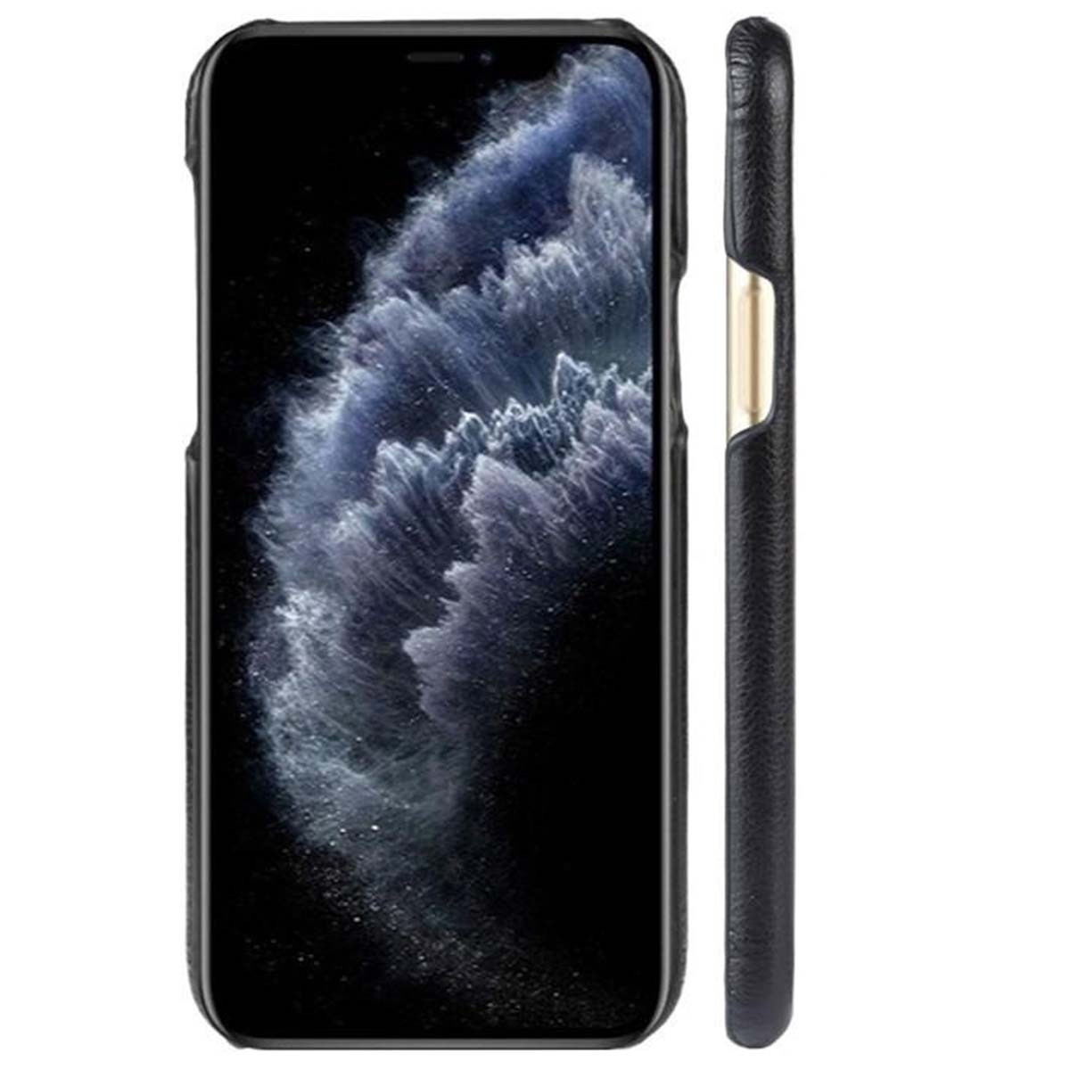 Una custodia nera in pelle per iPhone che mostra uno smartphone con un accento dorato.