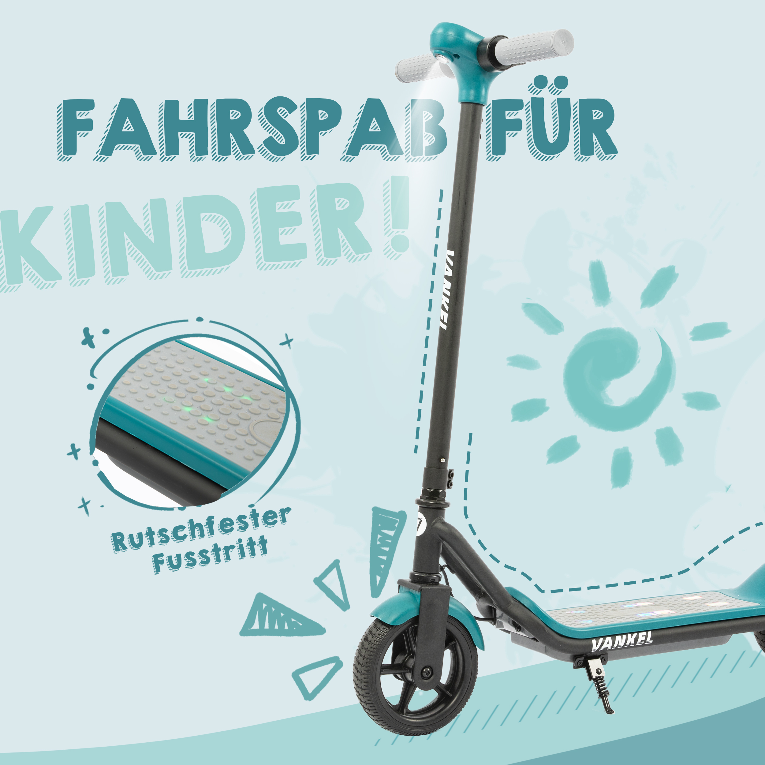 Ein türkisfarbener Elektroroller für Kinder mit Text.