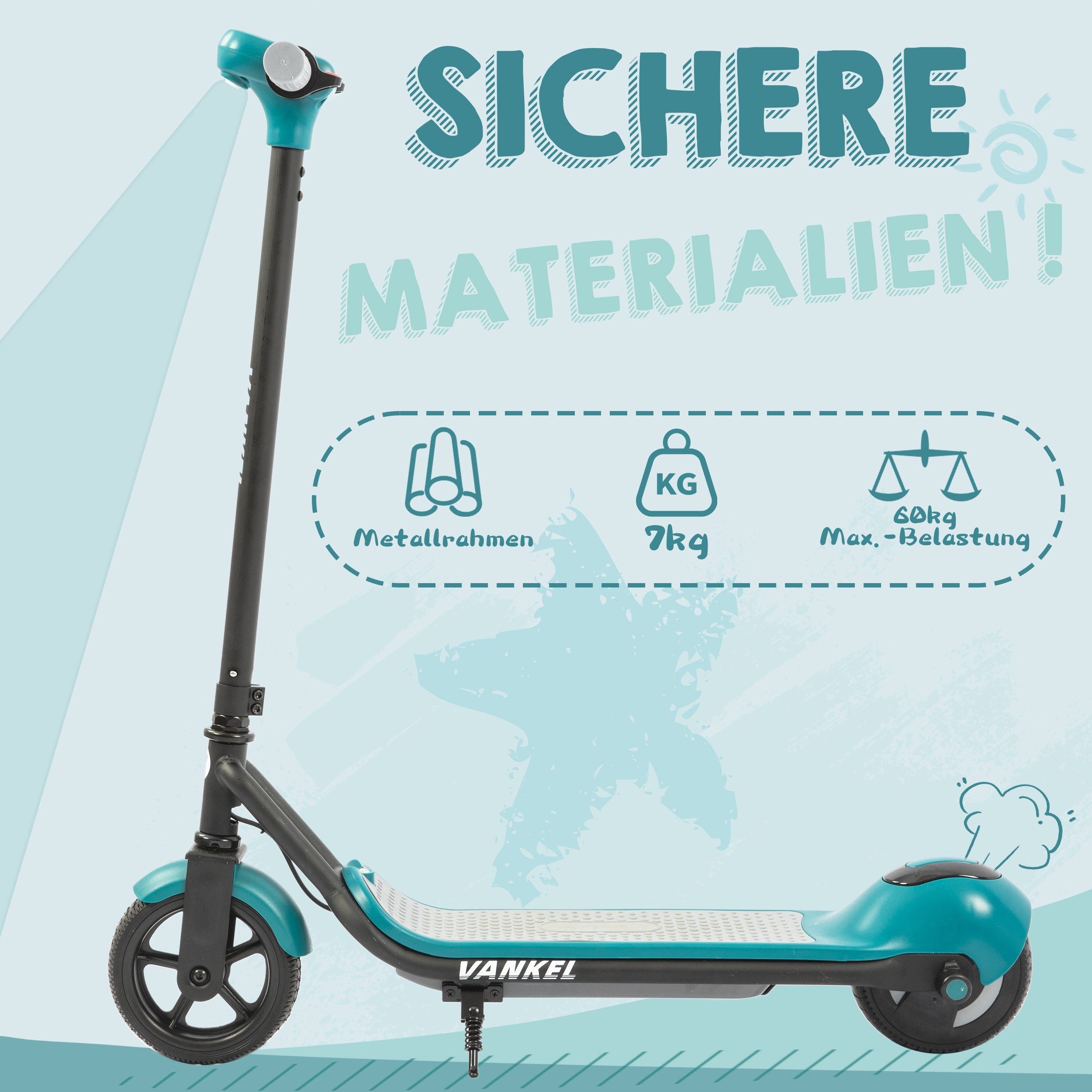 Ein türkisfarbener Roller mit Metallrahmen, 7kg Eigengewicht und 60kg Max. Belastung.