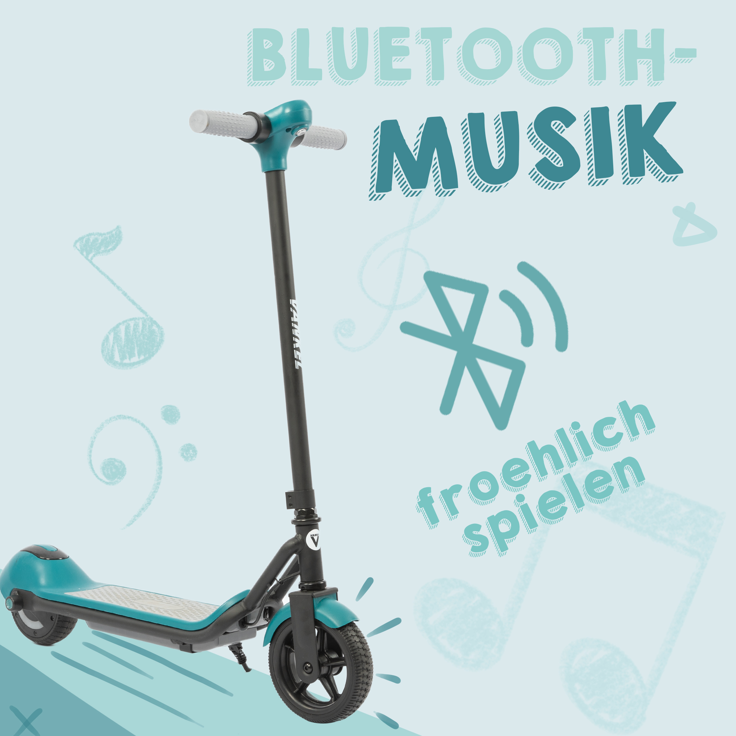 Ein türkisfarbener Elektroroller mit Bluetooth-Symbol und Musiknoten.