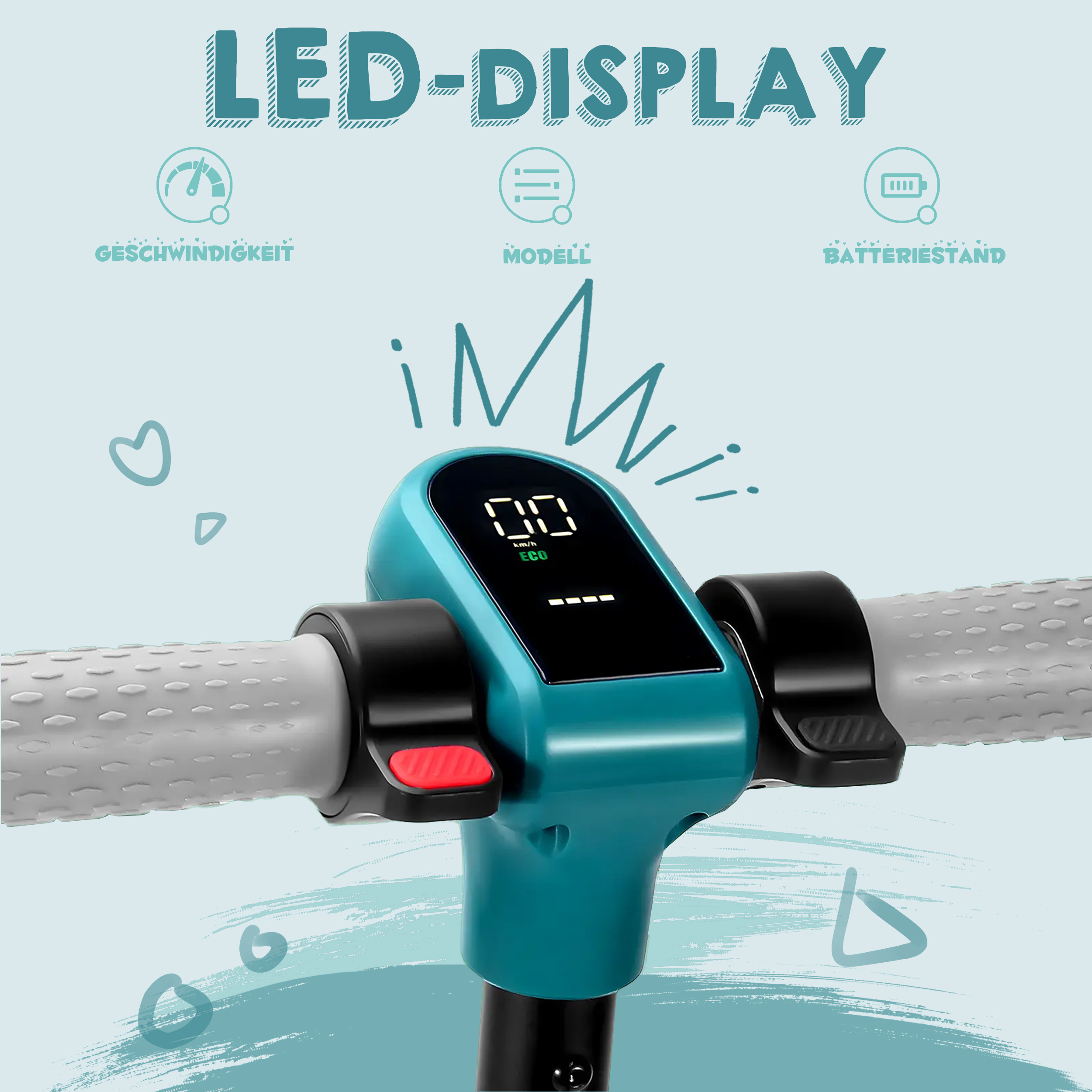 Nahaufnahme des Lenkers eines Elektrorollers mit digitalem Display und Bedienelementen.