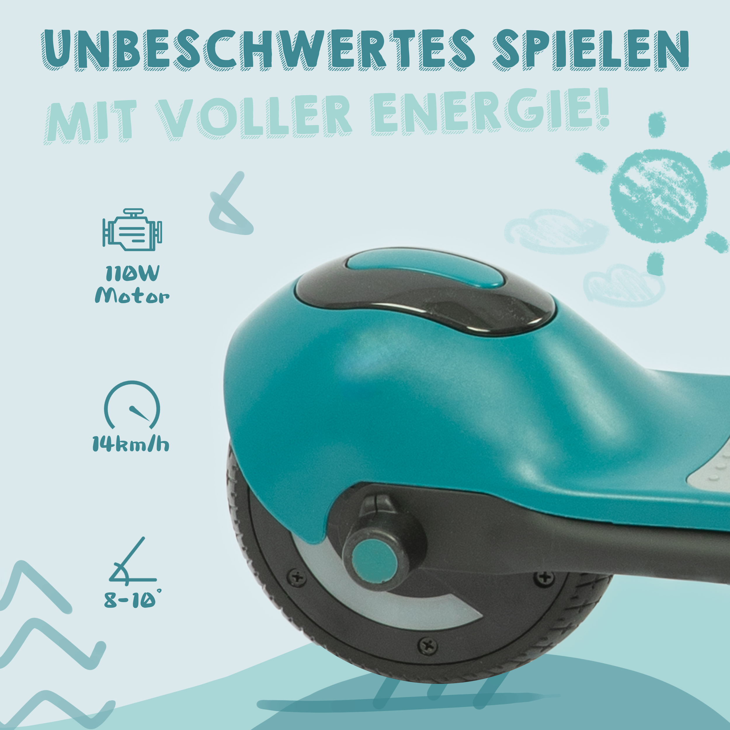 Türkis-farbener Roller mit Motor- und Geschwindigkeitsangaben.