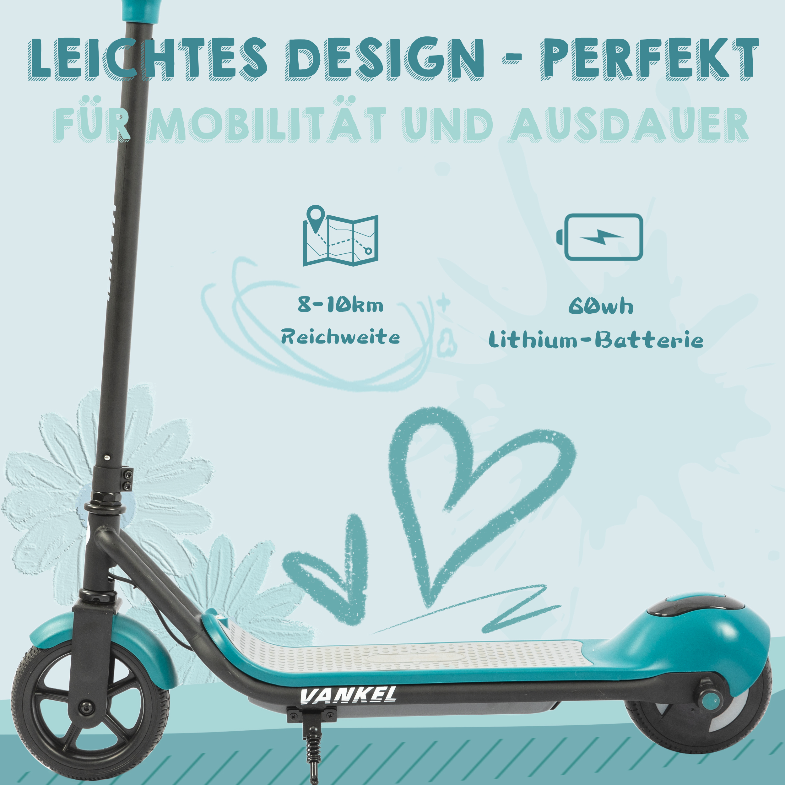 Ein türkisfarbener Elektroroller mit Vankel-Logo, 8-10km Reichweite und 60Wh Lithiumbatterie.