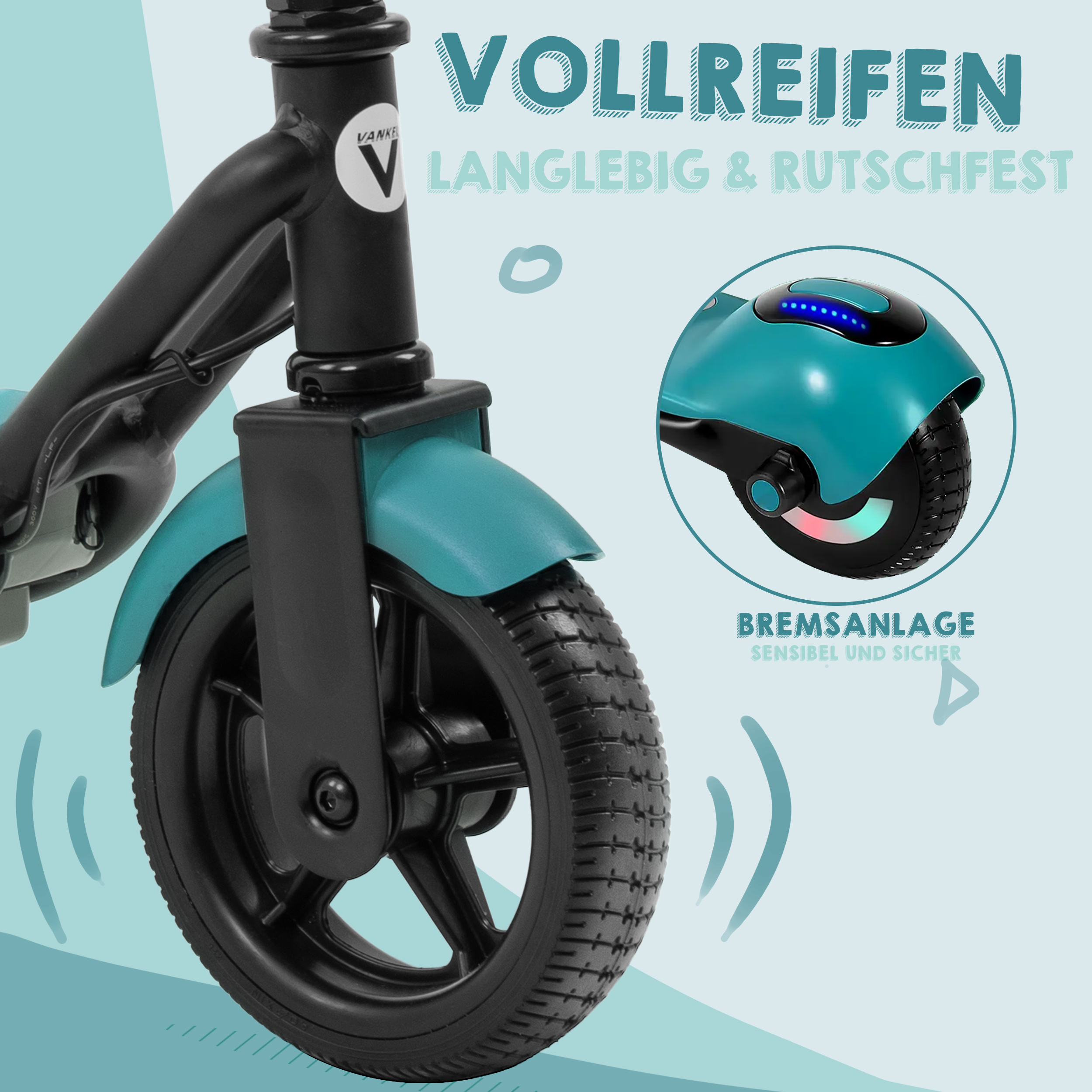 Nahaufnahme eines tealfarbenen Rollerrads und Schutzblechs. Text: "Vollreifen".