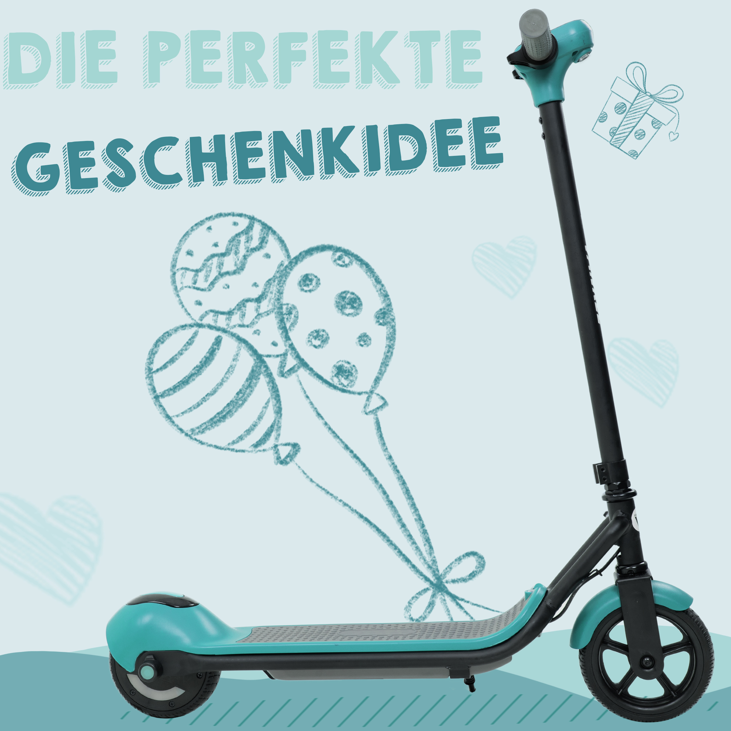 Ein türkisfarbener Elektroroller mit Ballons und Geschenkabbildungen.