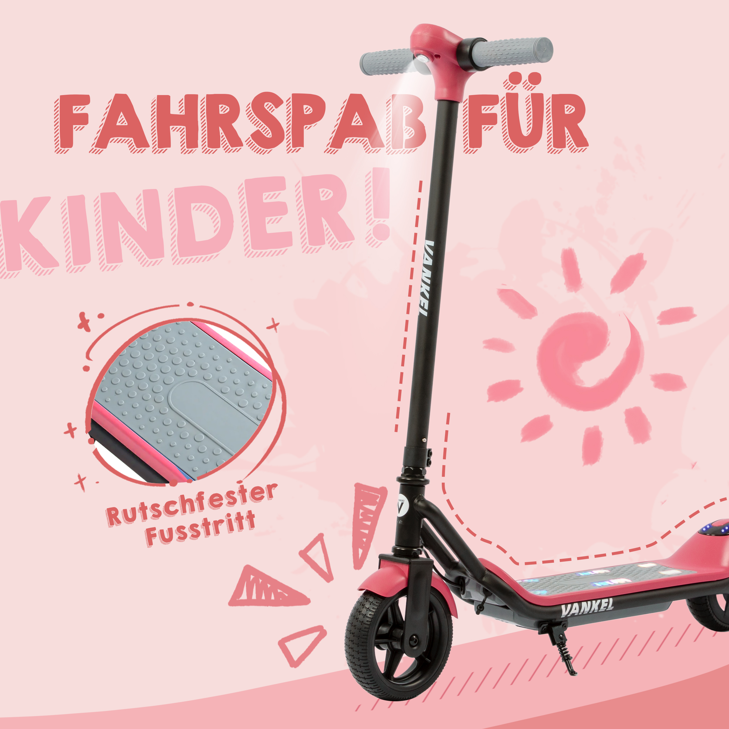Pinker Vankel Elektroroller mit rutschfestem Trittbrett und Lichtern. Text: Fahrspaß für Kinder!