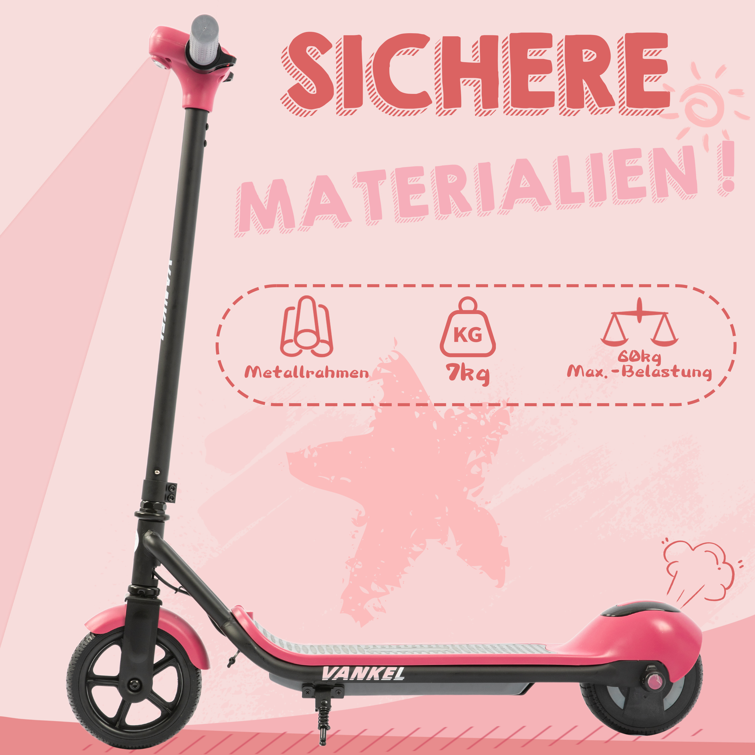 Pinker Vankel Roller mit Metallrahmen, 7kg Gewicht, 60kg Max. Last. Sichere Materialien.