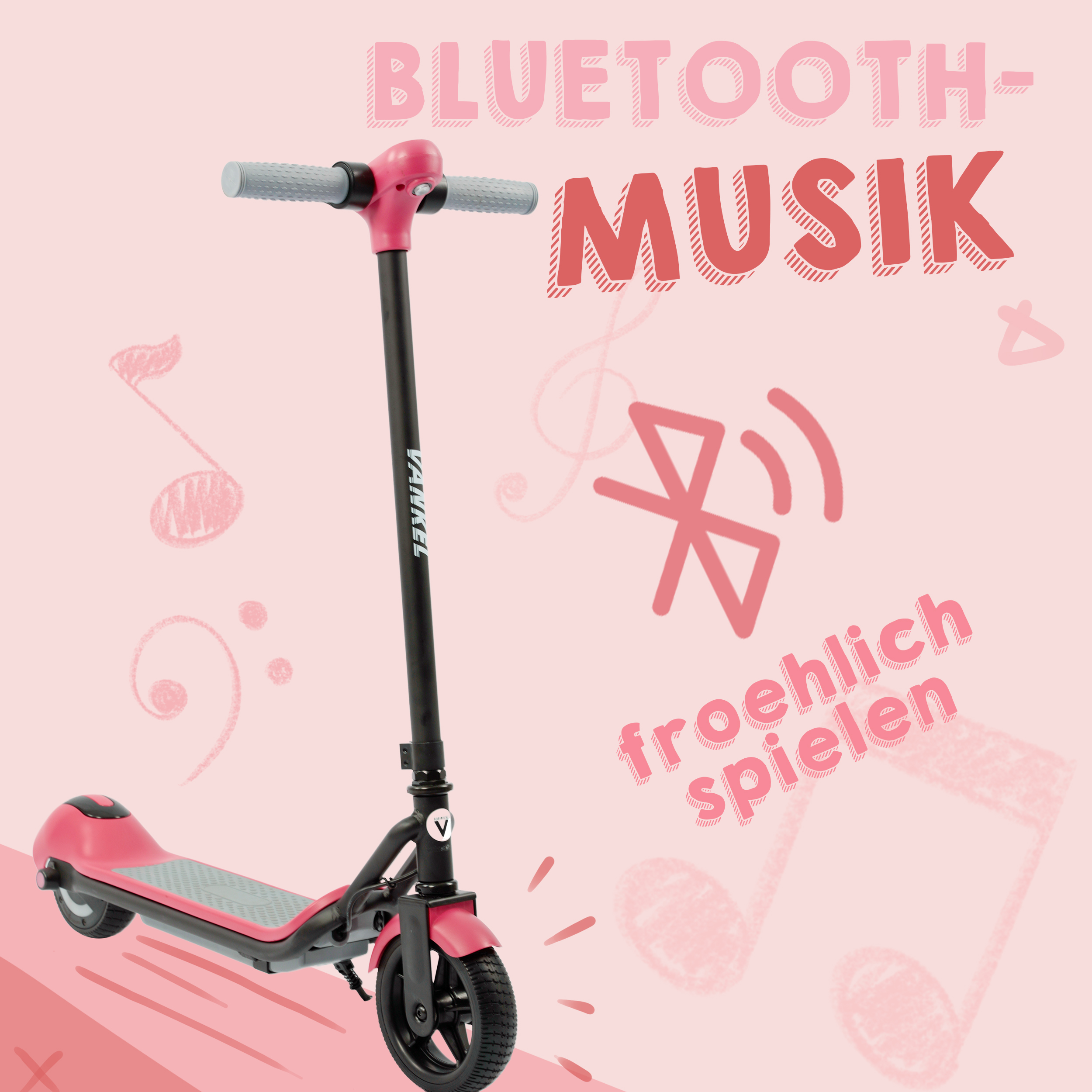 Pinker Roller mit Bluetooth- und Musikgrafiken. Text: „BLUETOOTH-MUSIK“ und „froehlich spielen“.