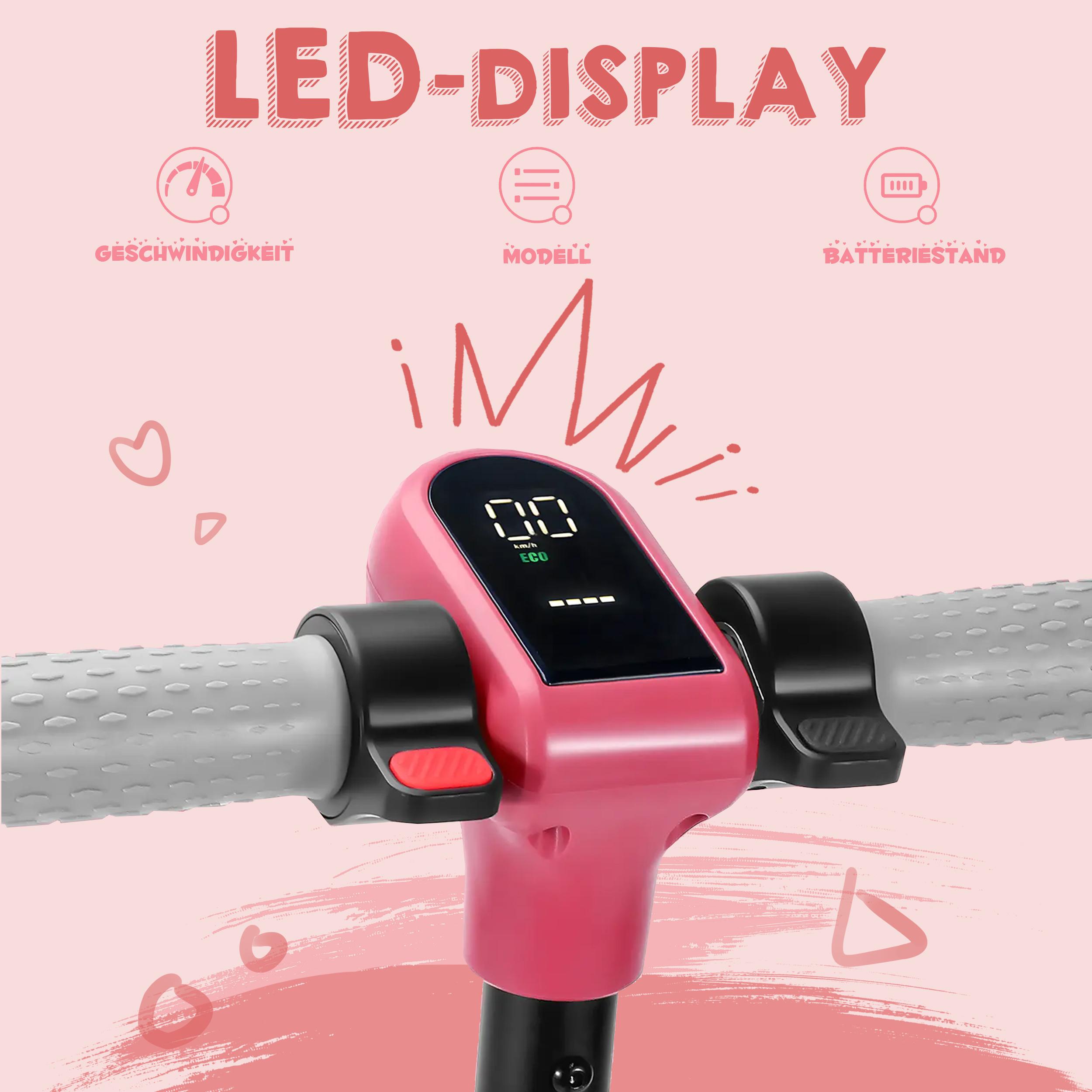 Nahaufnahme des Lenkers eines pinken Elektrorollers mit Digitalanzeige.