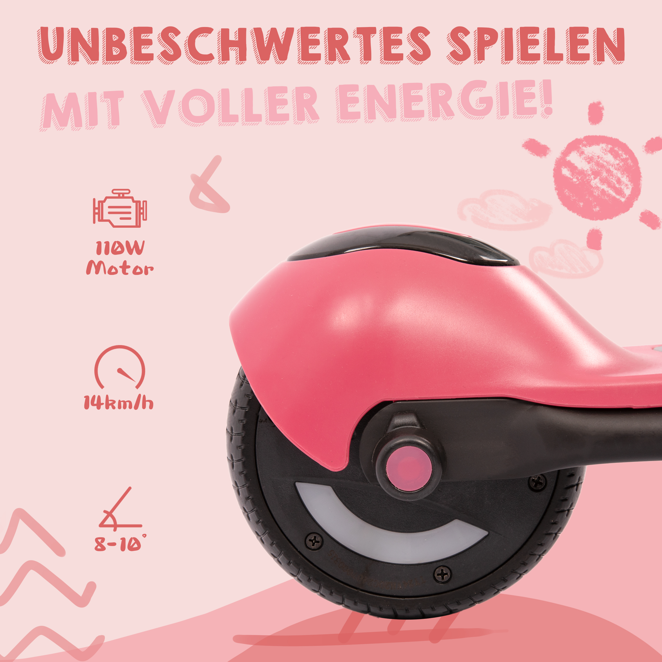 Ein pinker Roller mit 110W Motor, 14km/h Geschwindigkeit und 8-10° Steigung.