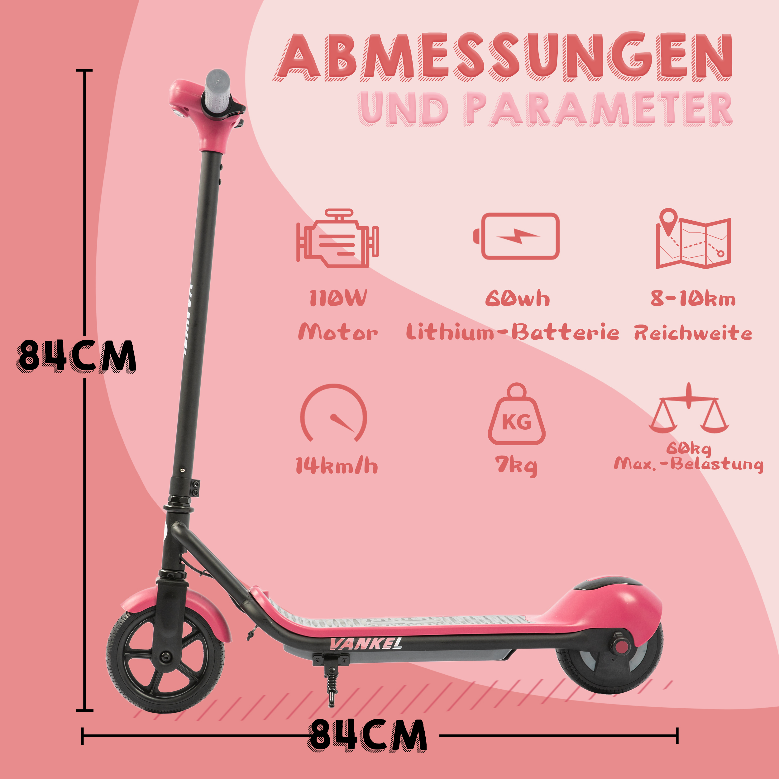 Ein pinkfarbener Elektroroller mit technischen Daten wie 110W Motor, 60Wh Batterie, 14km/h, 7kg Gewicht, 60kg Belastung, 8-10km Reichweite.