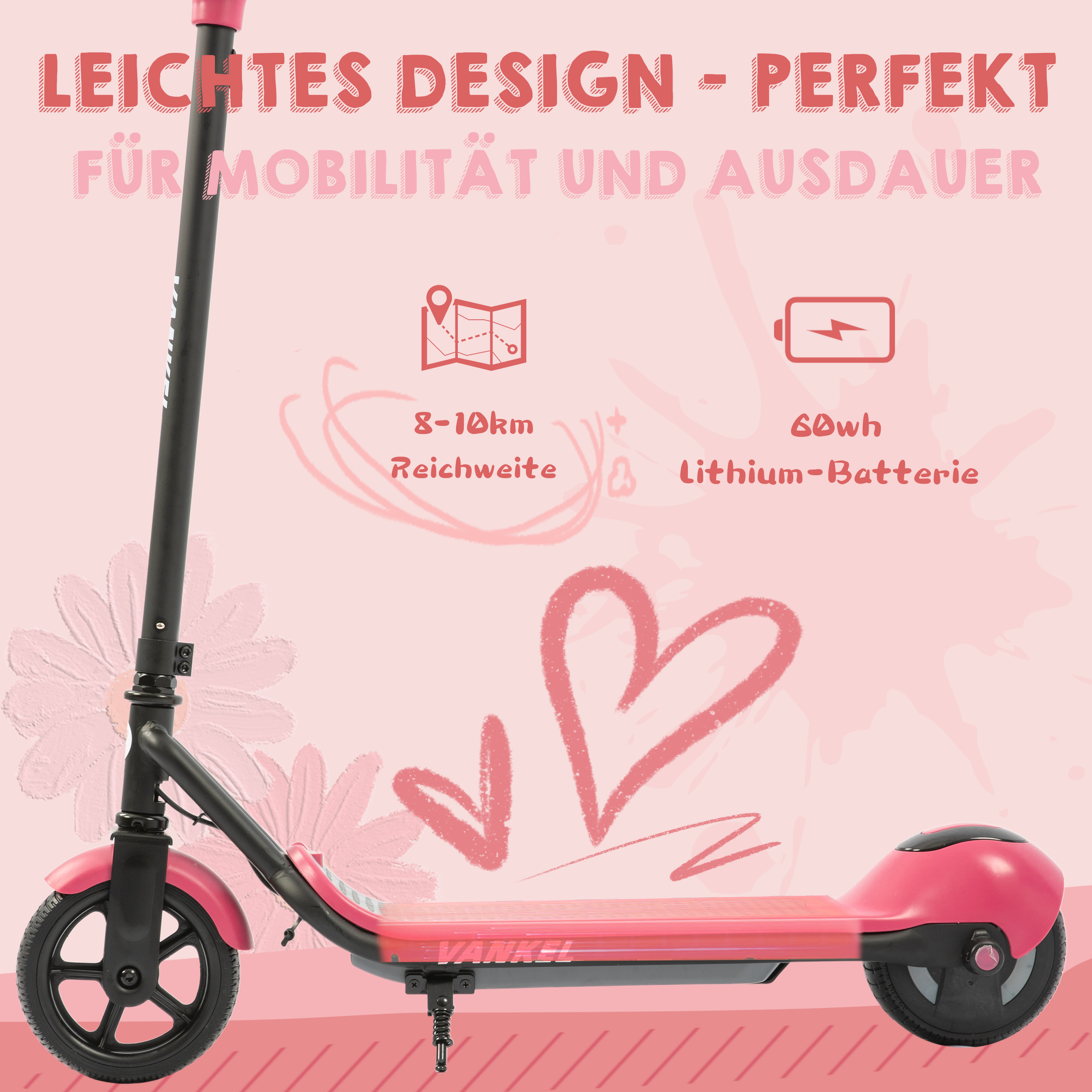 Pinker Elektroroller mit Text über leichtes Design, 8-10 km Reichweite und 60-Wh-Akku.