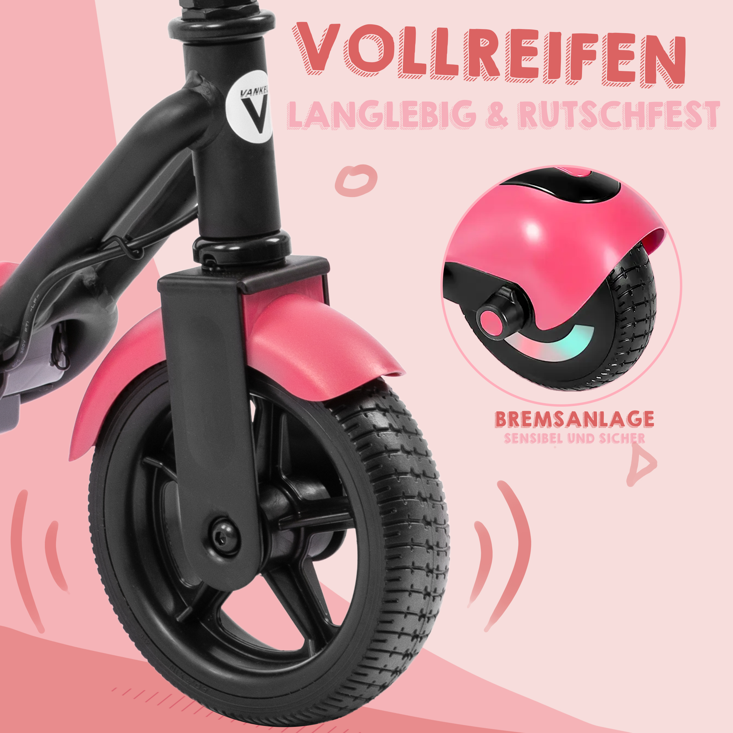 Nahaufnahme eines rosa Rollers, Rad und Bremse, mit Text über Haltbarkeit.