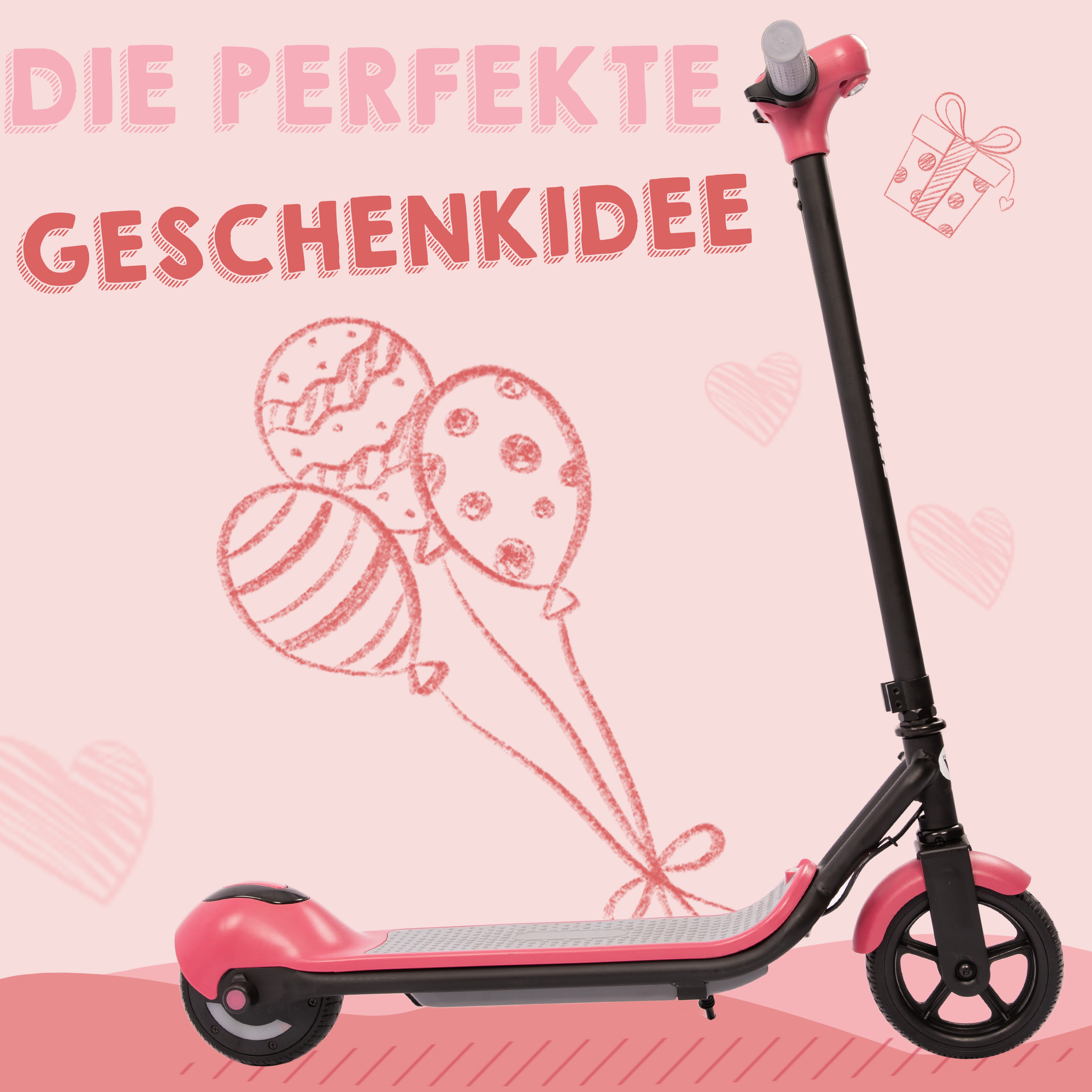 Ein pinkfarbener Roller mit Ballons und Geschenk. Hintergrund mit Herzen.