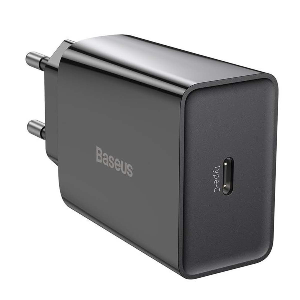 Un chargeur mural USB-C noir de marque Baseus avec deux broches.