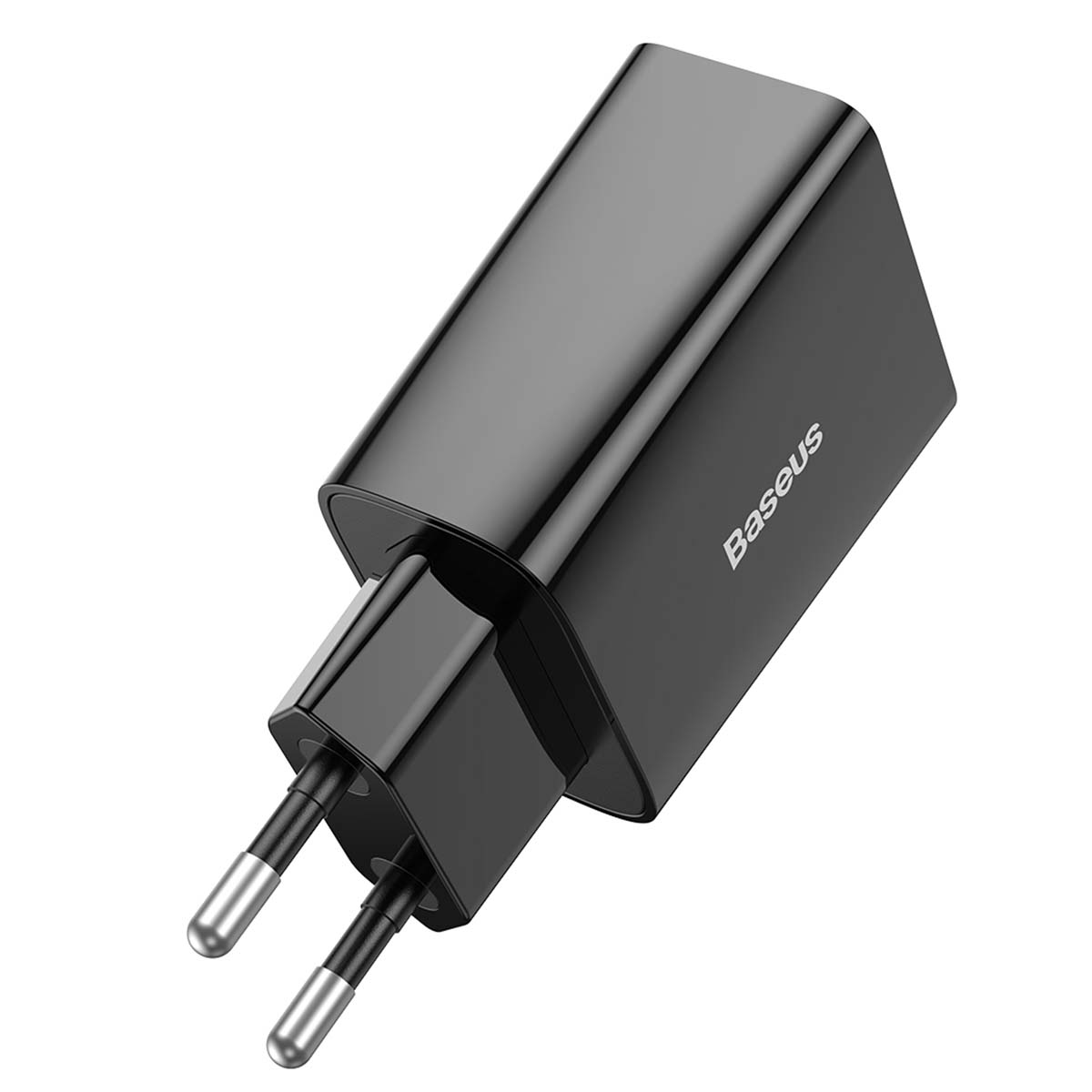Un chargeur USB Baseus noir brillant avec deux broches métalliques argentées.
