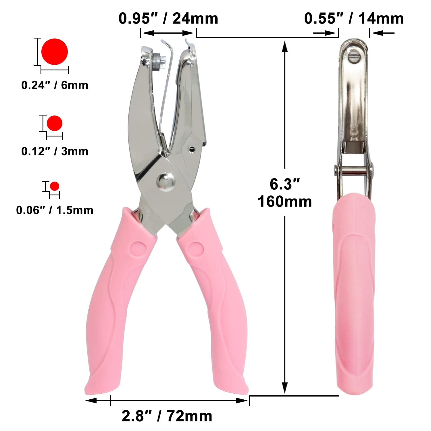 Pinker Locher mit Maßen. Drei rote Punkte zeigen Lochgrößen an.