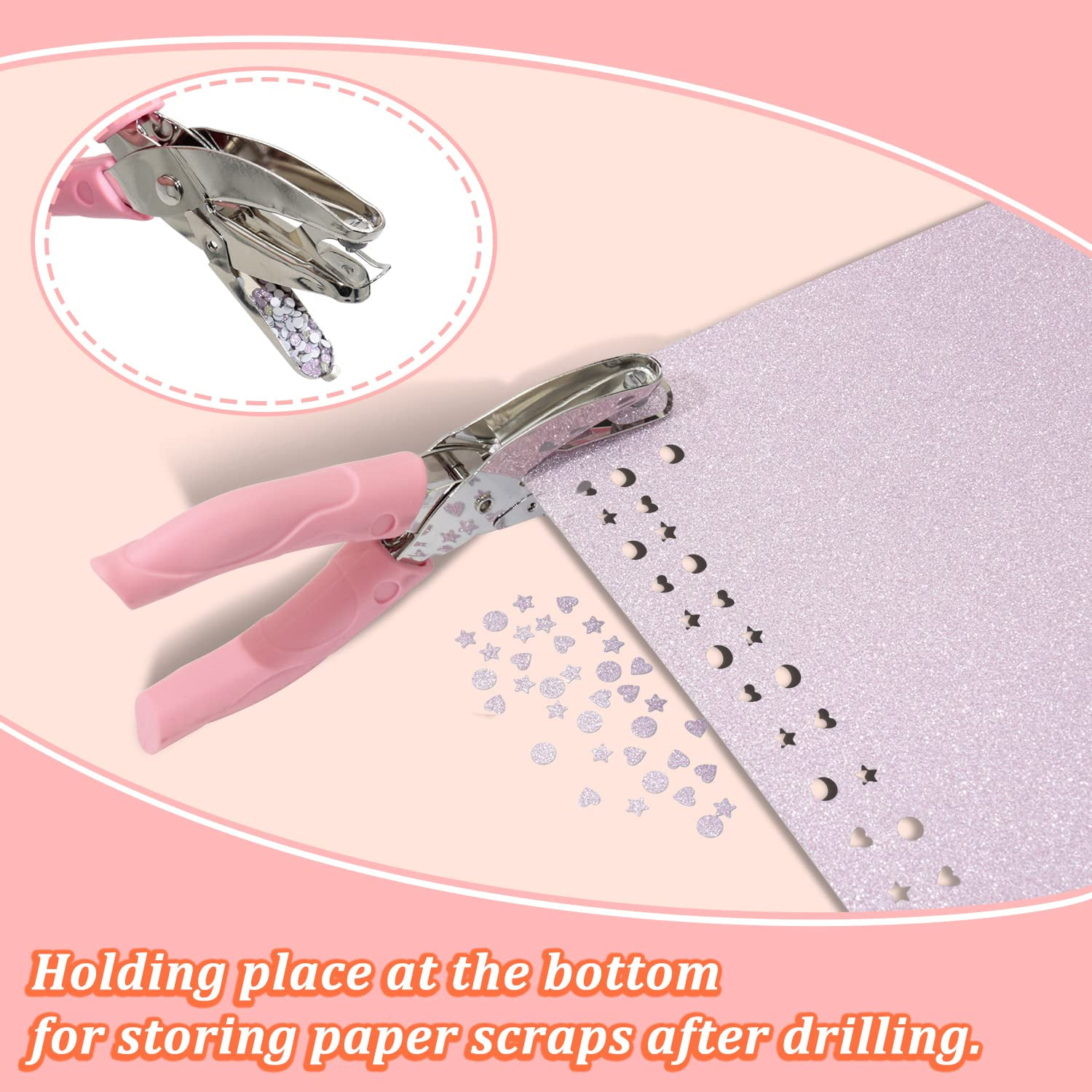 Ein pinker Locher mit Glitzer stanzt Formen in glitzerndes pinkes Papier.