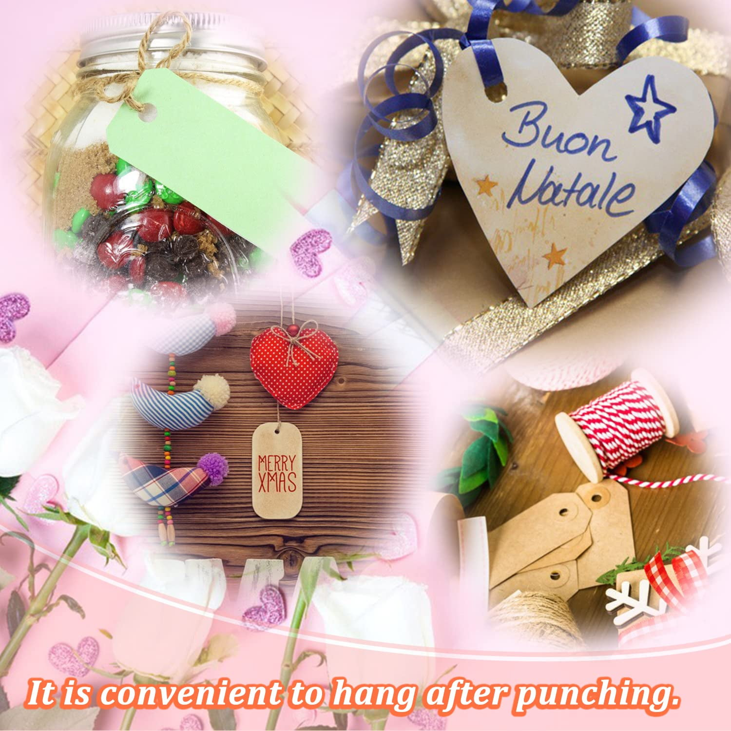 Collage mit Weihnachtsgeschenken und Dekorationen: Glas mit Leckereien, Herzanhänger, Stoffvögel, Geschenkanhänger und Band.