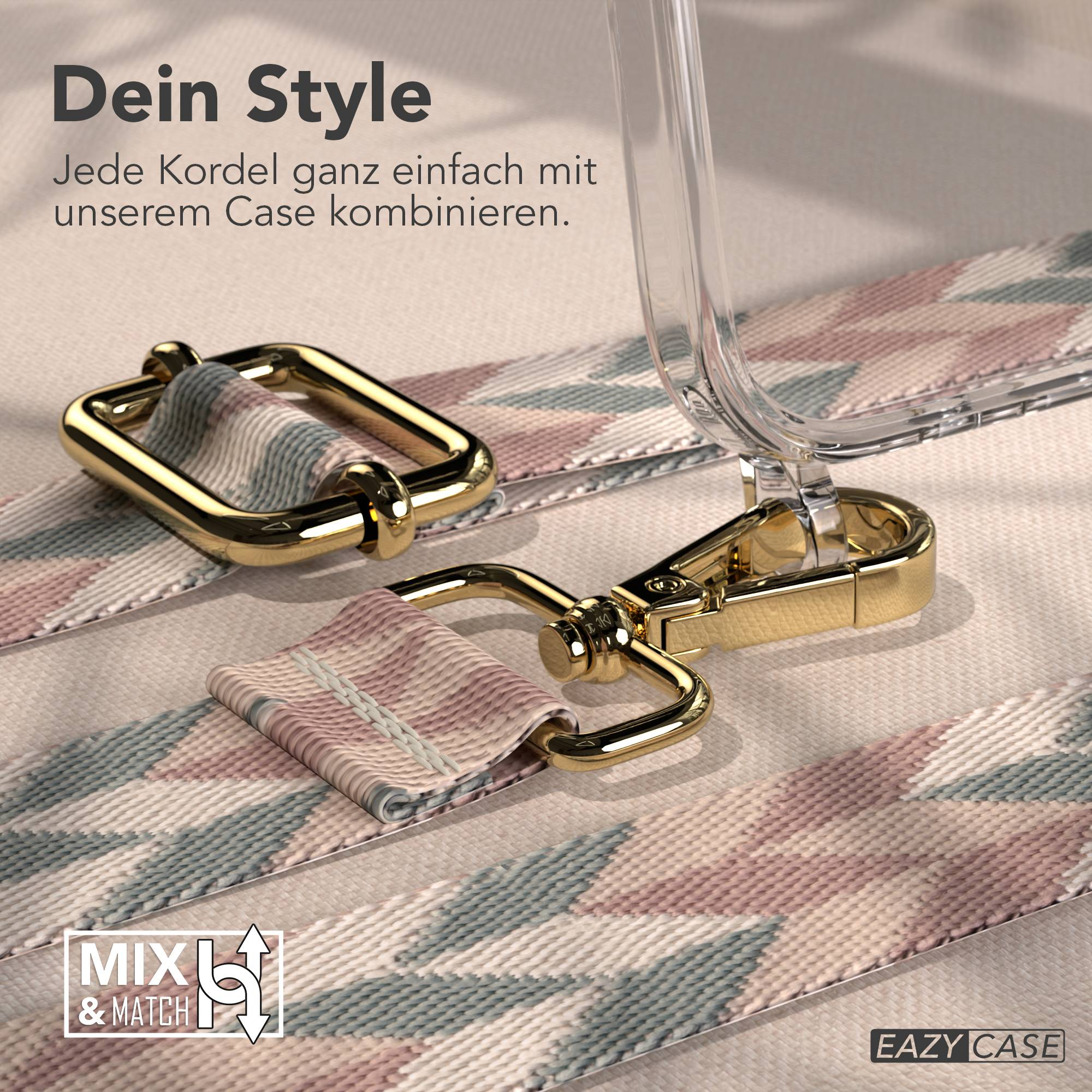 Goldene Karabiner und ein gemustertes Band an einer Handyhülle.