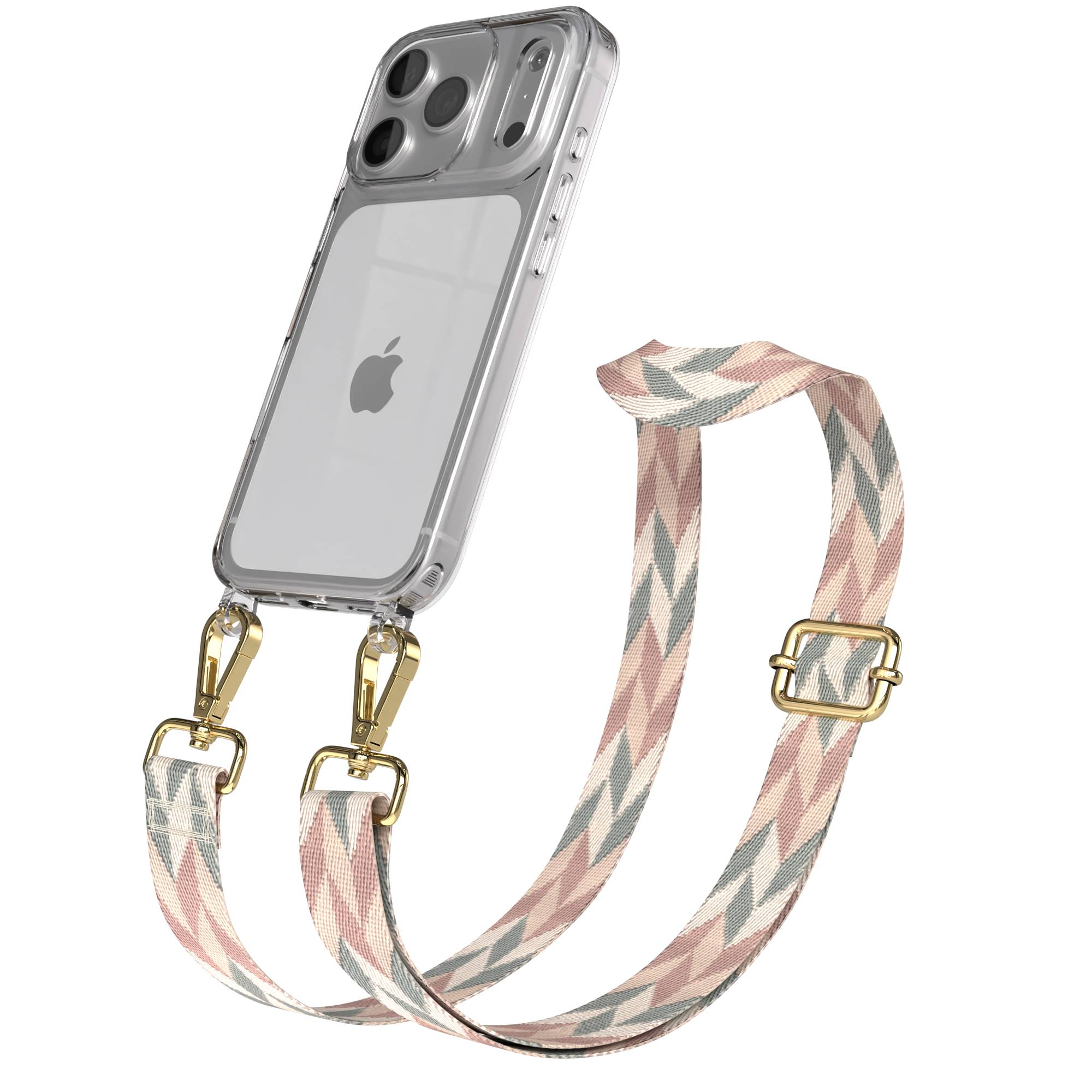Ein durchsichtiges iPhone-Case mit einem Riemen, der mit einem Zickzackmuster in Rosa, Beige und Grau verziert ist.