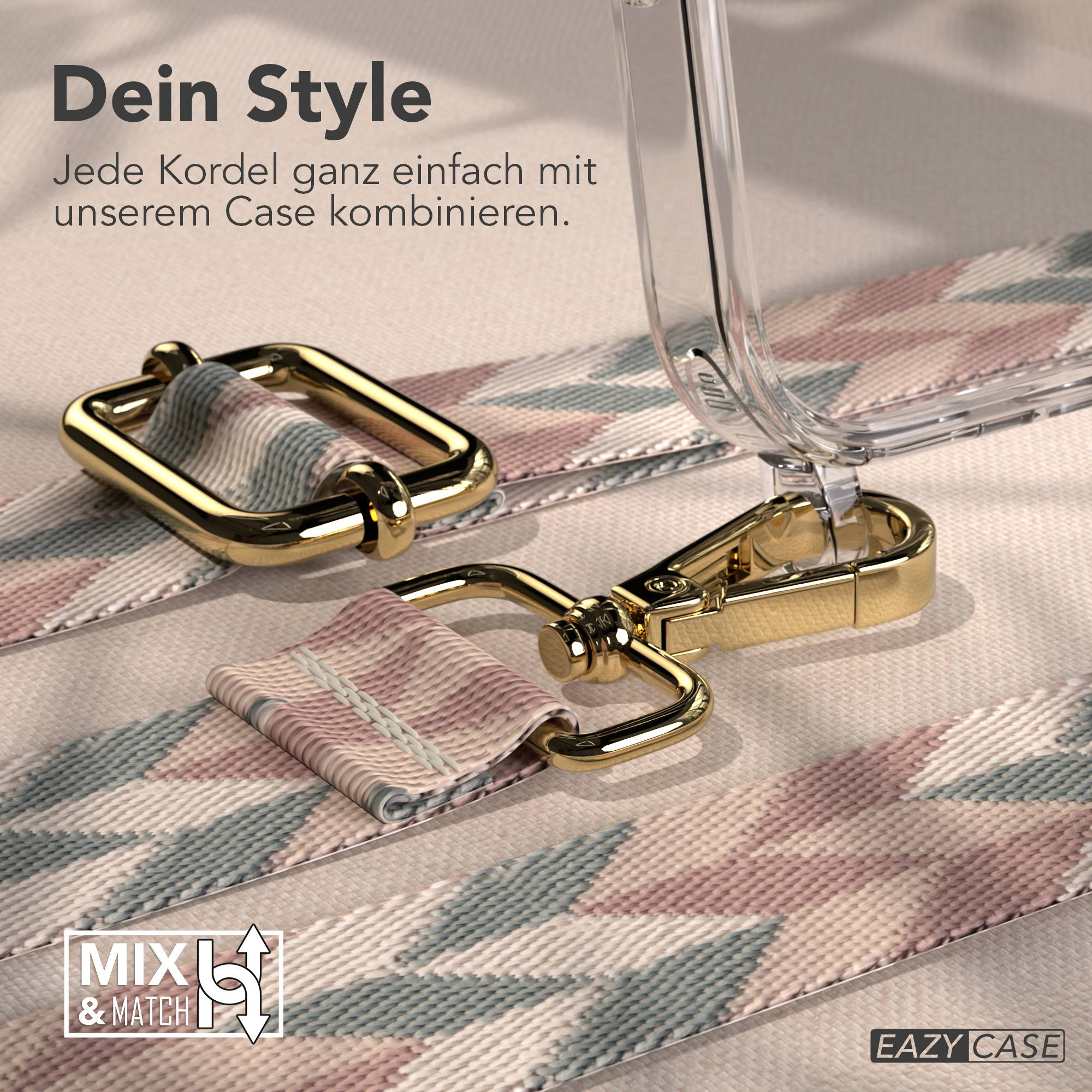 Goldene Karabinerhaken mit einem gemusterten Band an einer Handyhülle.