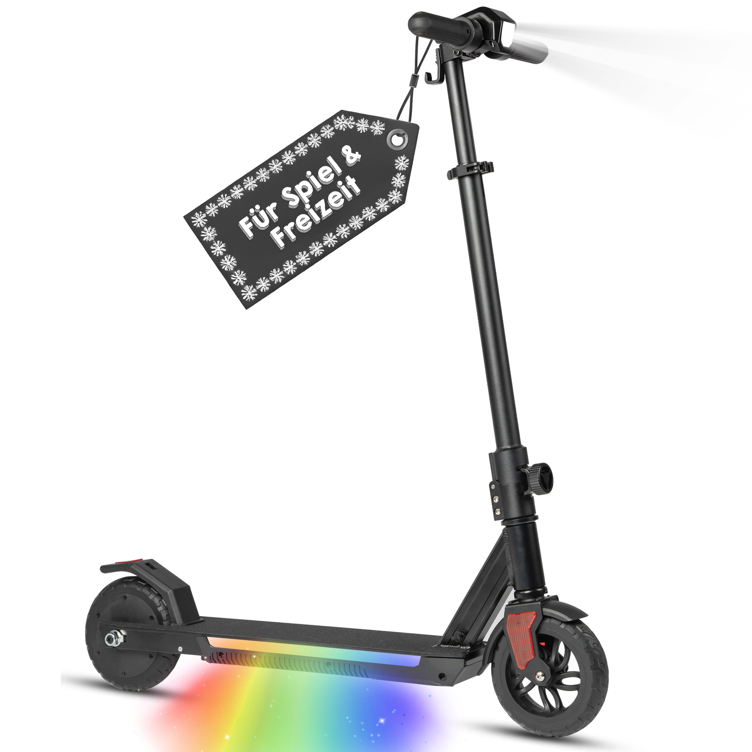 Schwarzer Elektroroller mit Regenbogen-LED-Lichtern und einem Schild 'Für Spiel & Freizeit'.