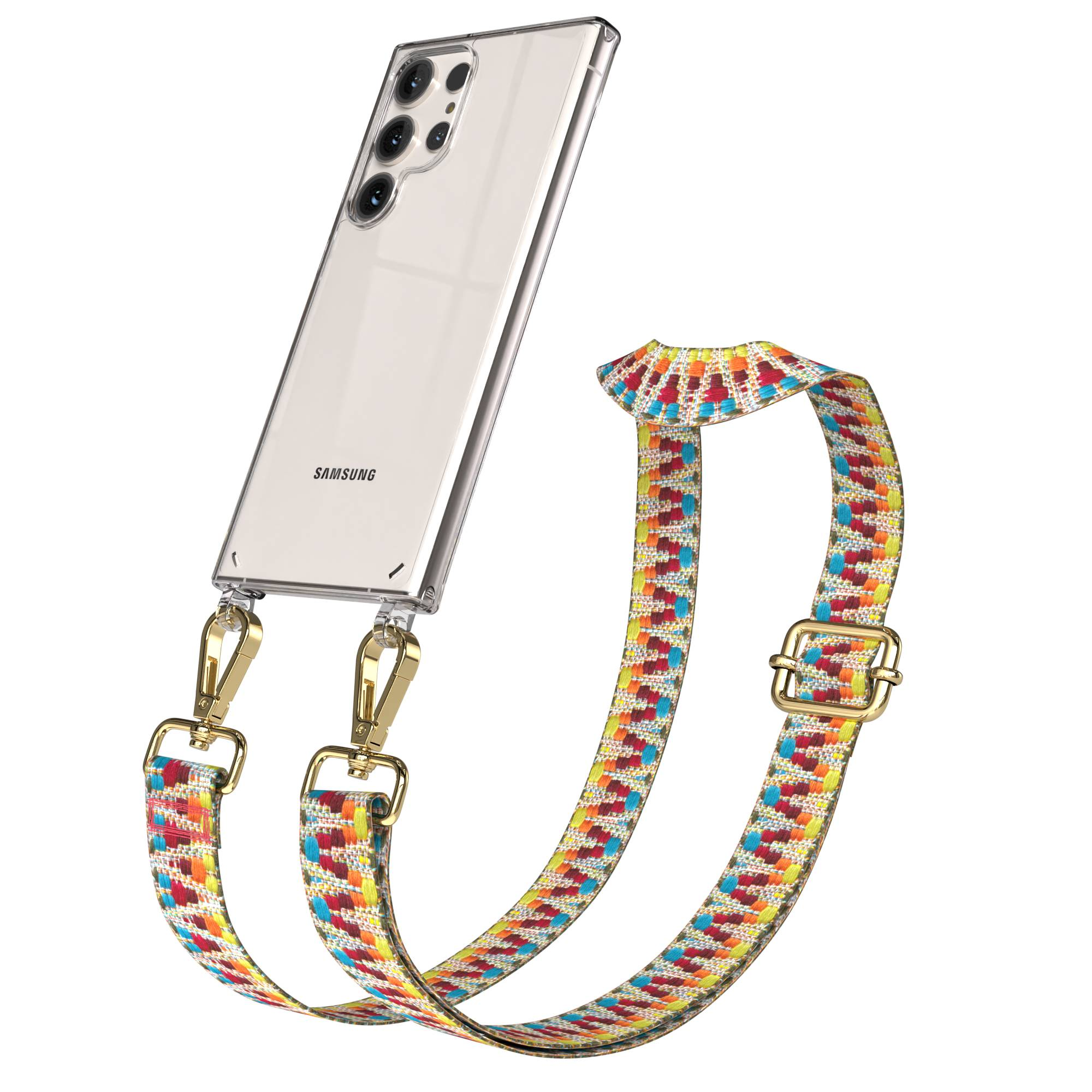 Ein Samsung-Smartphone in einer Hülle mit einem bunten Riemen.