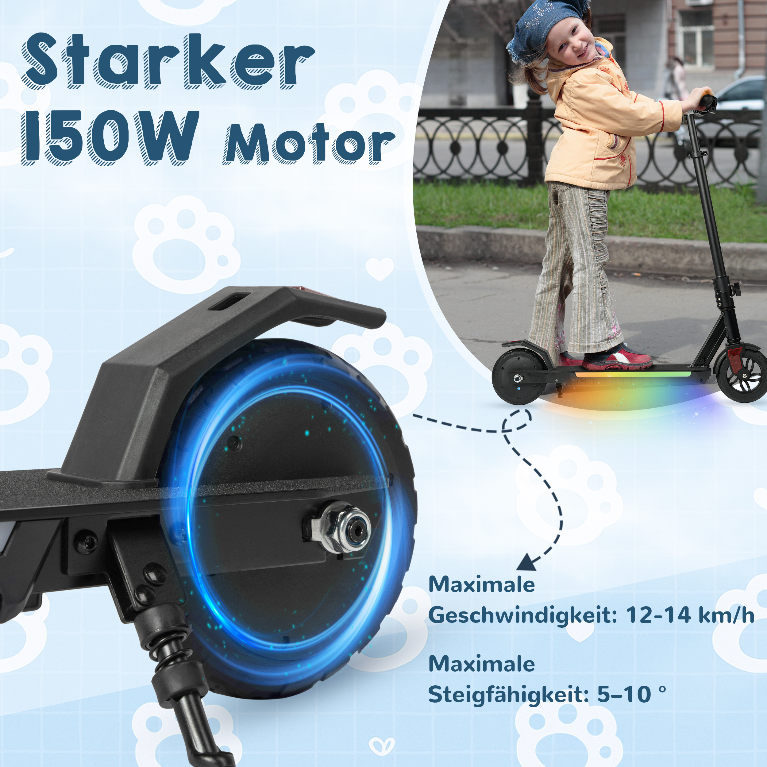 Kind auf Elektroroller mit bunten Lichtern, detaillierter Motor.