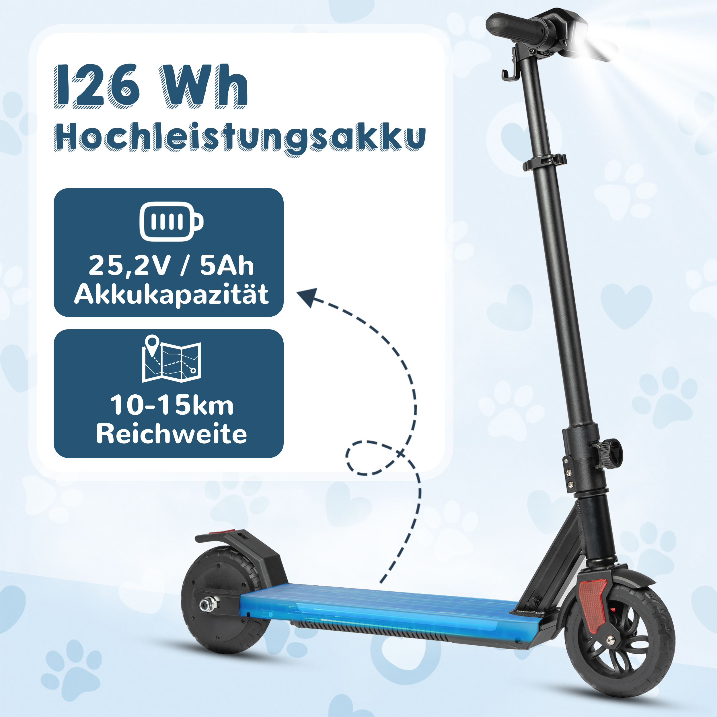 Schwarzer Elektroroller mit blauem Trittbrett, 126 Wh Akku, 25,2V/5Ah Kapazität, 10-15km Reichweite.