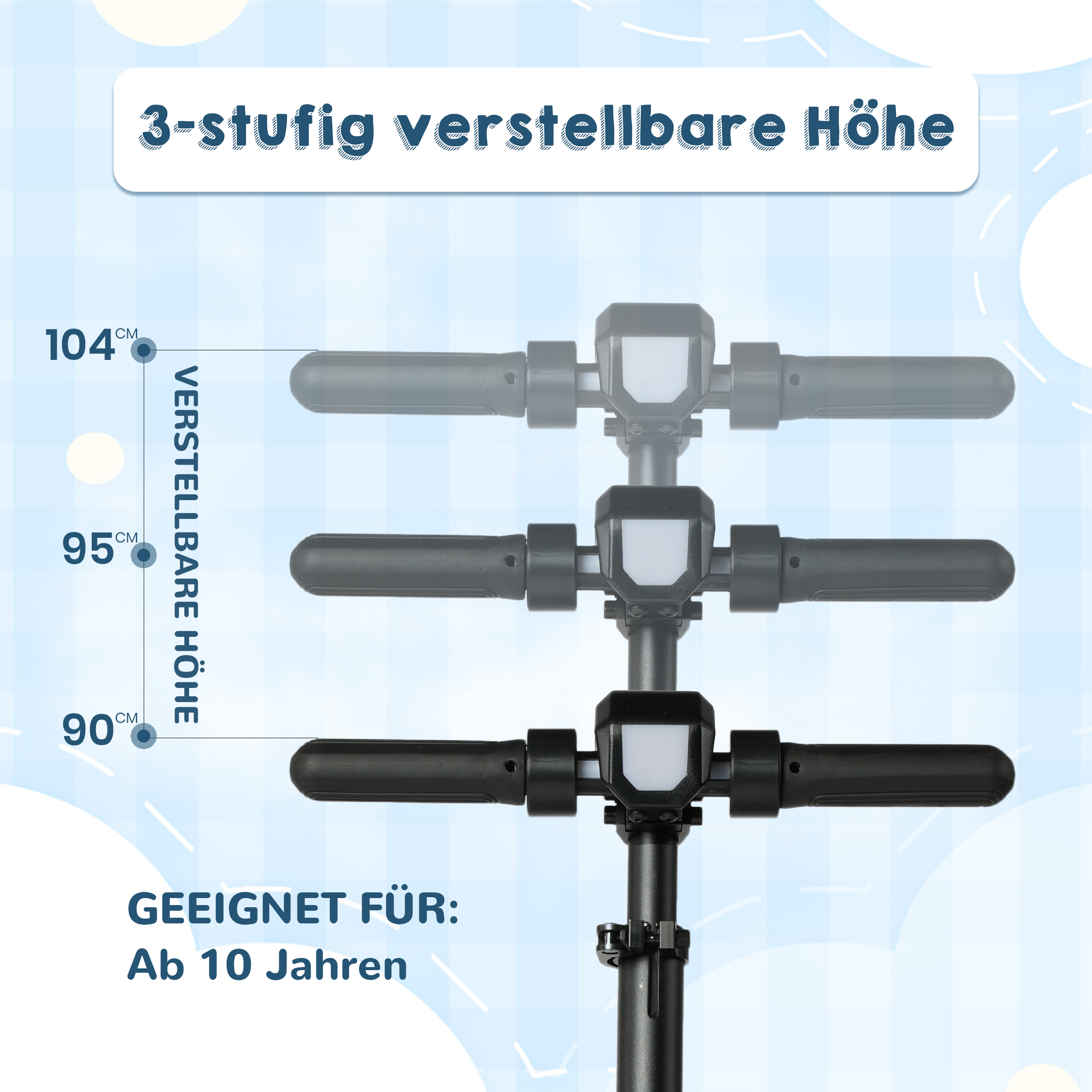 Ein Rollergriff zeigt 3 Höhen: 90, 95, 104 cm. Geeignet ab 10 Jahren.