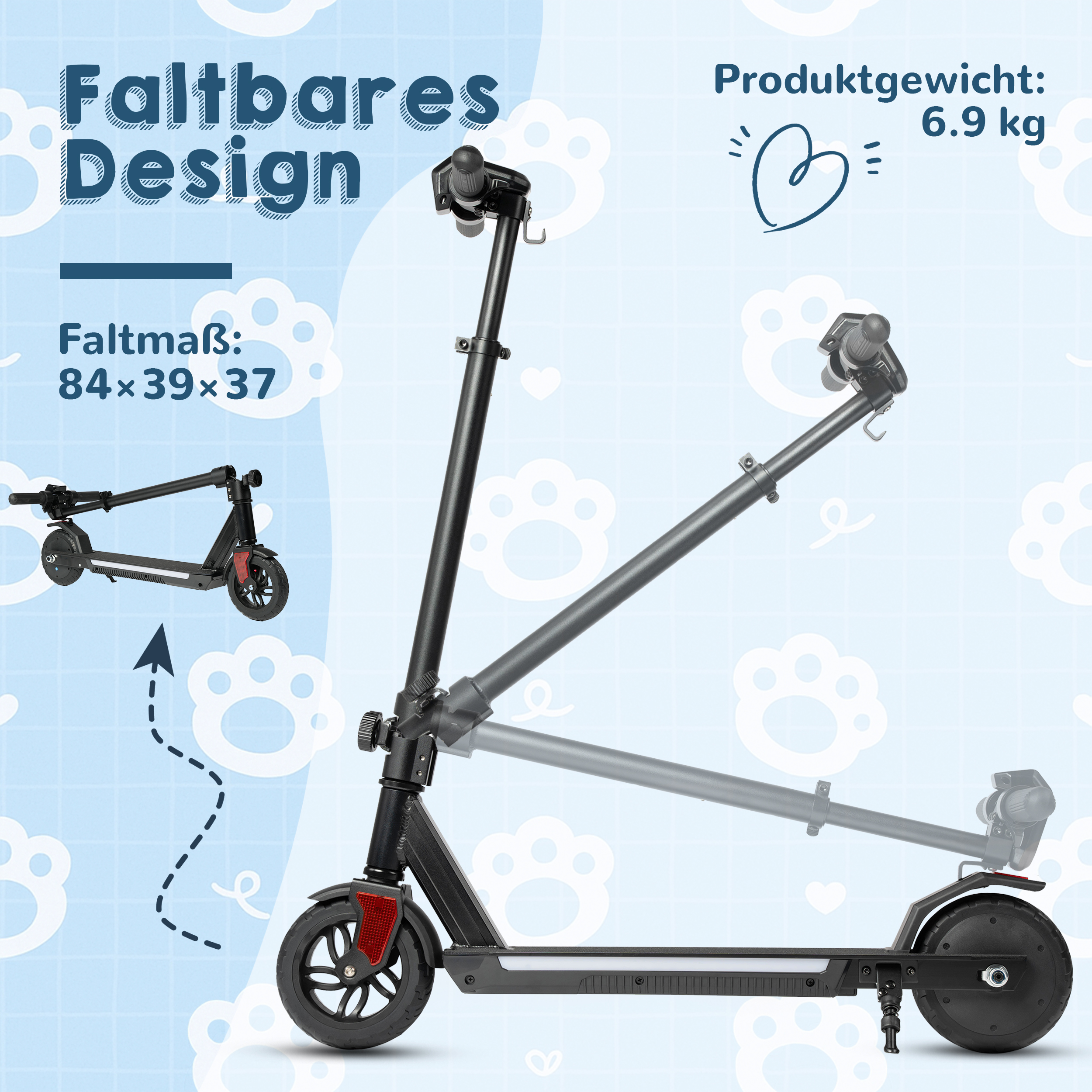 Schwarzer E-Scooter mit faltbarem Design, 6.9 kg Gewicht.
