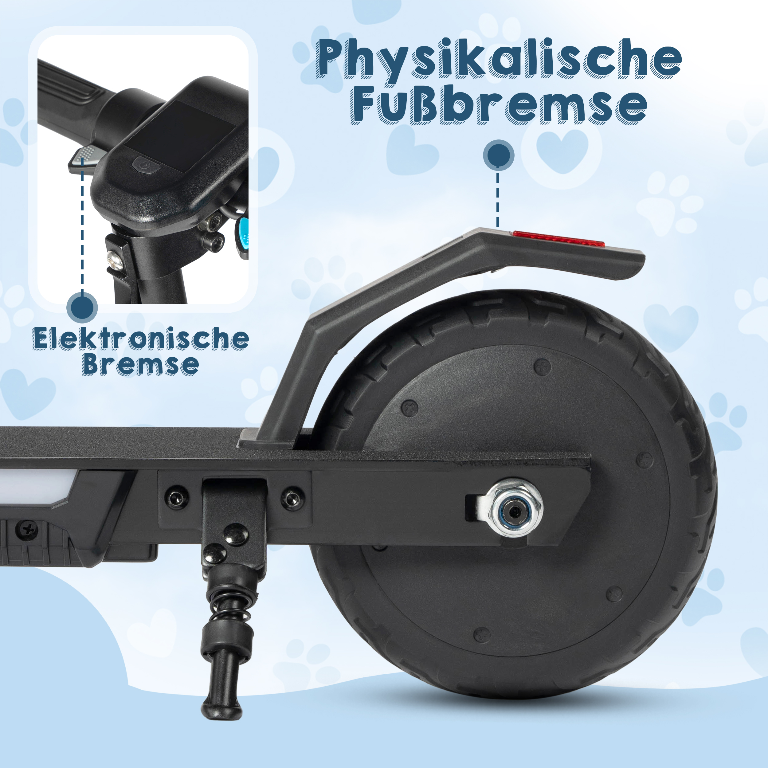 Elektrische und physische Fußbremse eines Rollers, Nahaufnahme des Hinterrads und Lenkers.