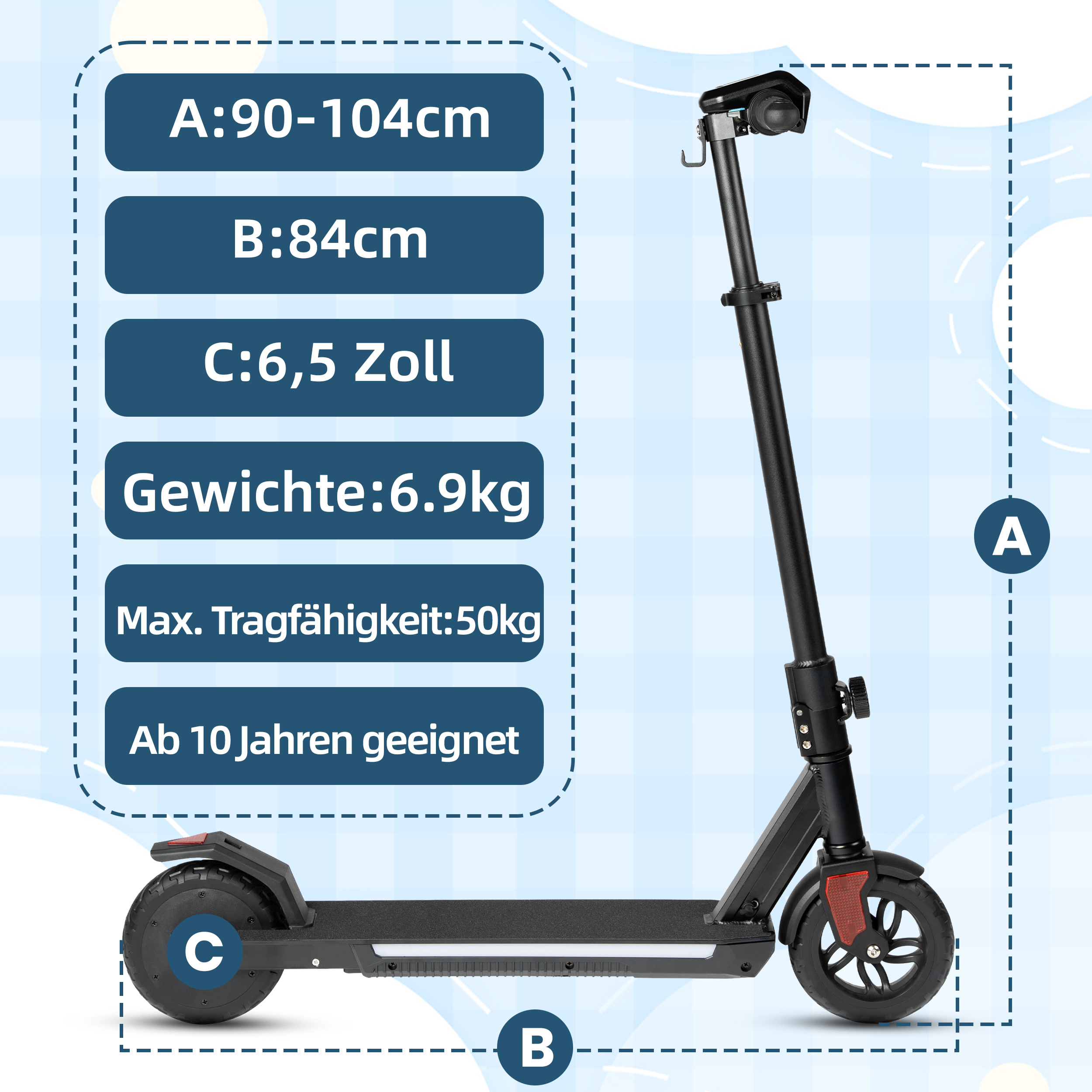 Ein schwarzer E-Scooter mit Maßen und Gewichtangaben. Geeignet ab 10 Jahren.
