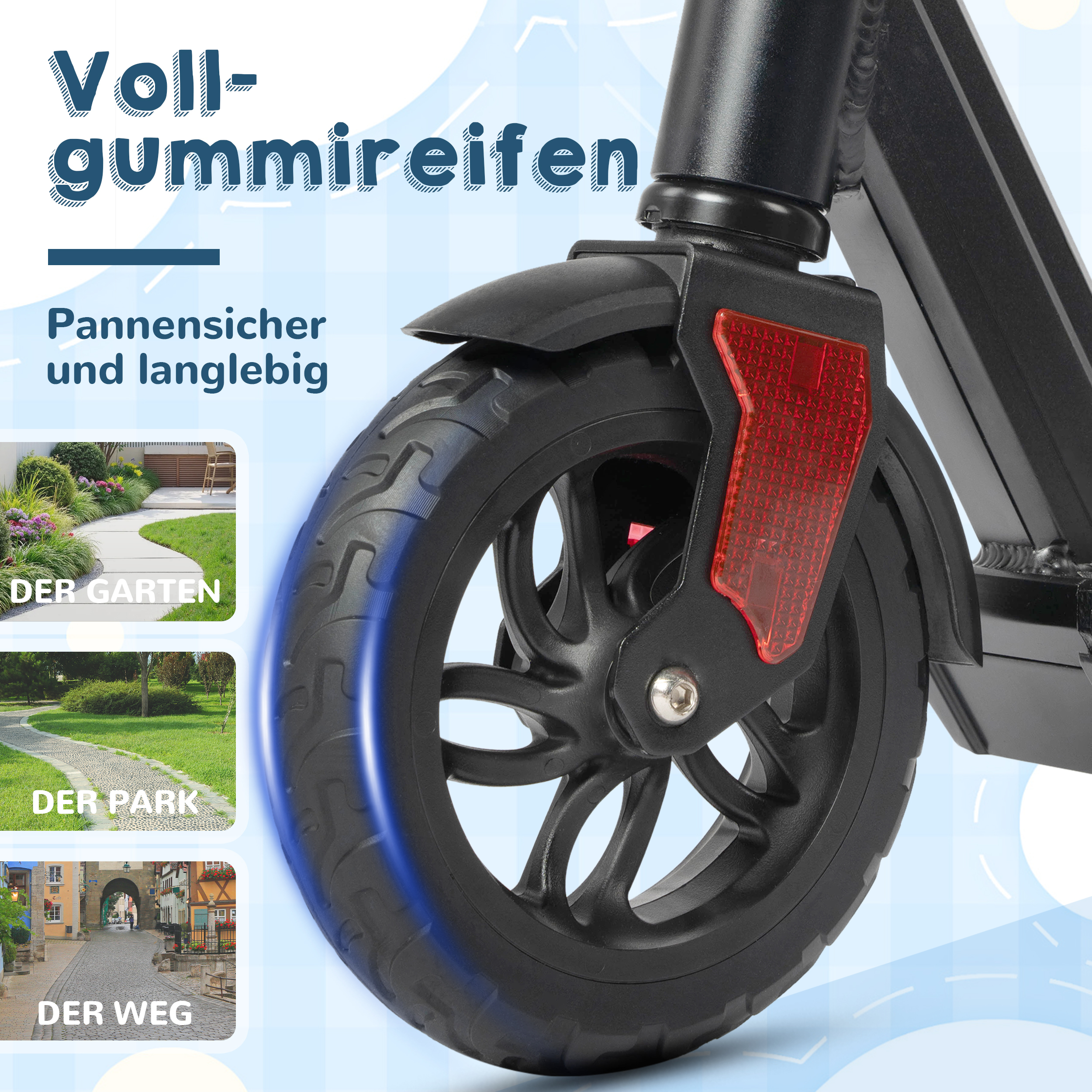 Nahaufnahme eines Rollers mit Vollgummireifen und rotem Reflektor.
