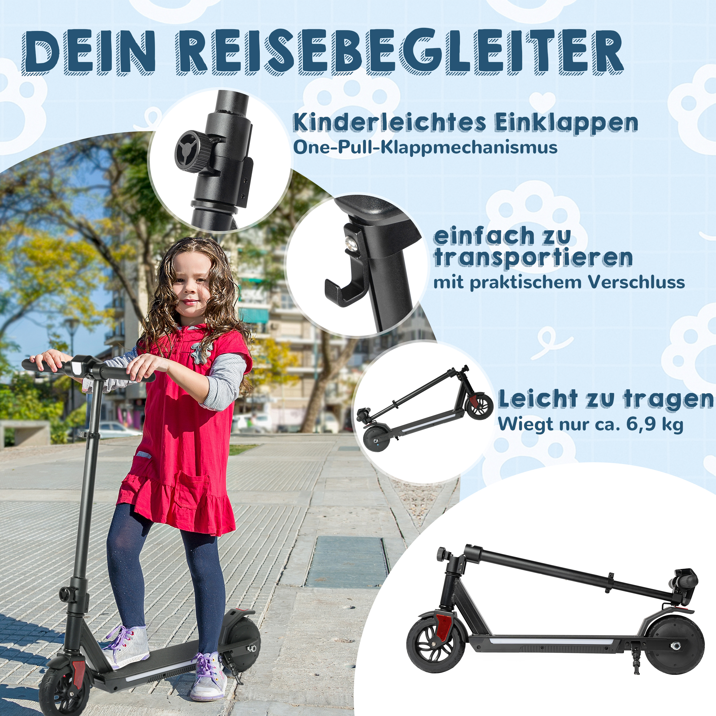 Ein Mädchen auf einem E-Scooter, mit Detailaufnahmen des Klappmechanismus.