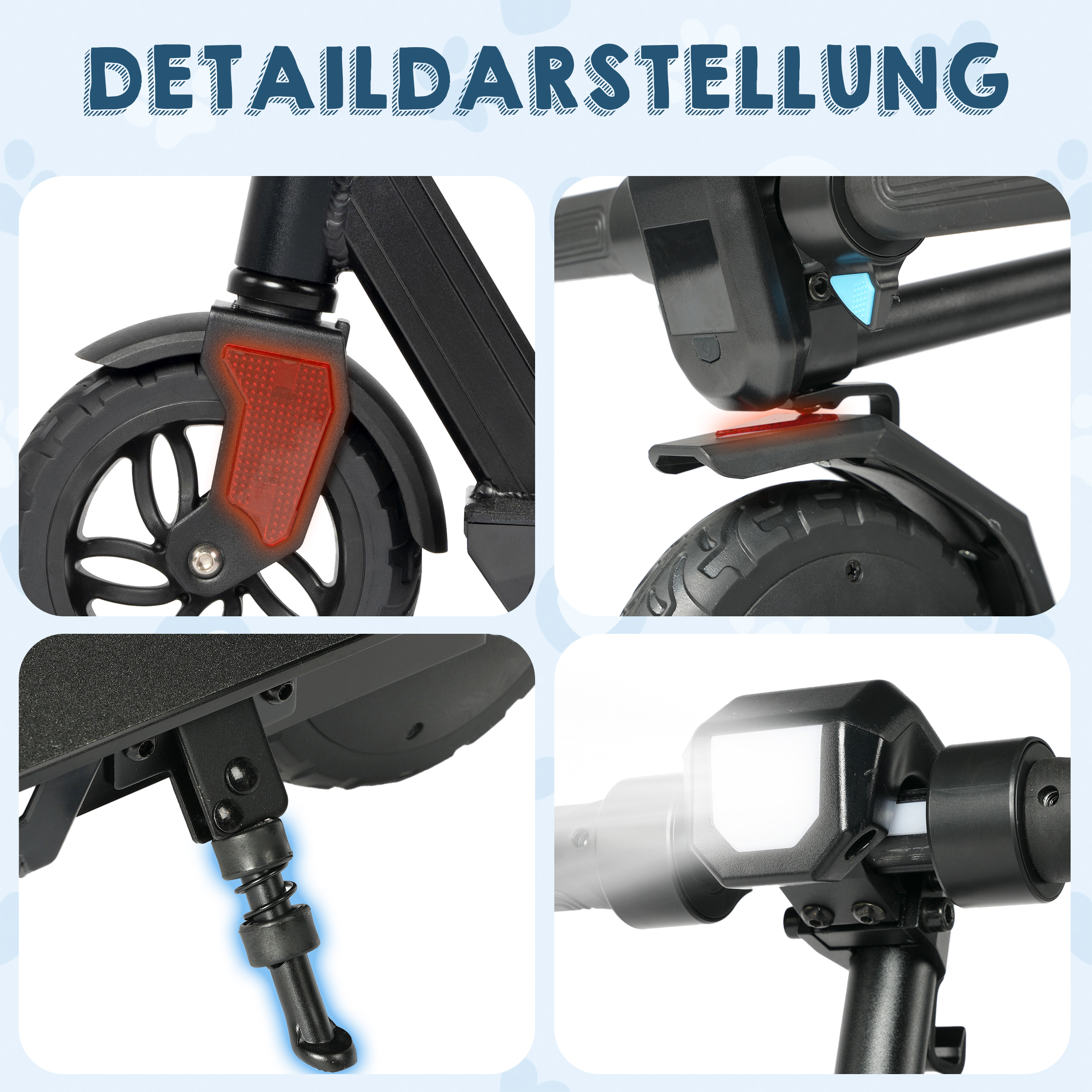 Details eines schwarzen Elektrorollers: Rad, Ständer, Licht und Lenker.