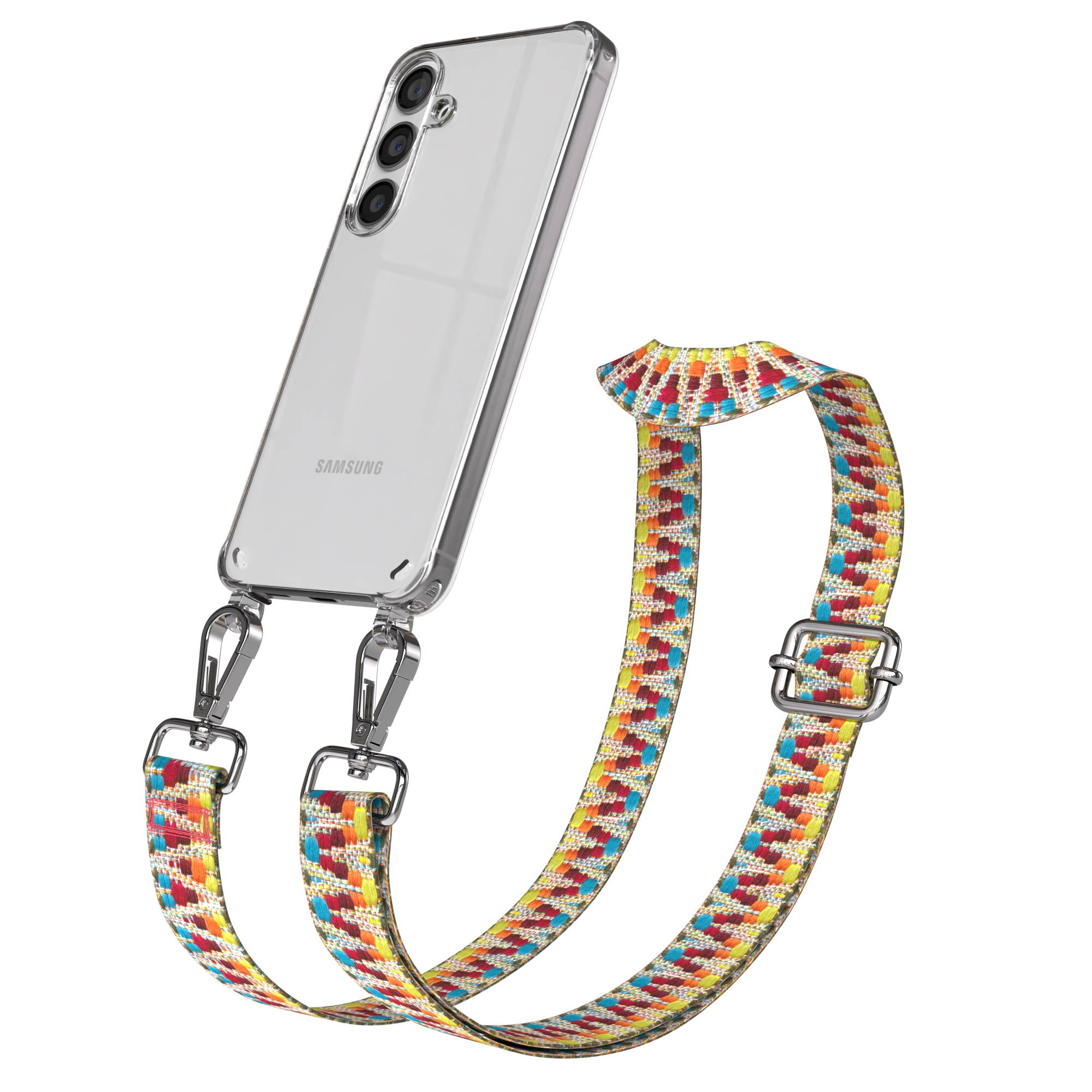 Ein durchsichtiges Handy mit buntem Riemen und silbernen Clips, auf weißem Hintergrund.