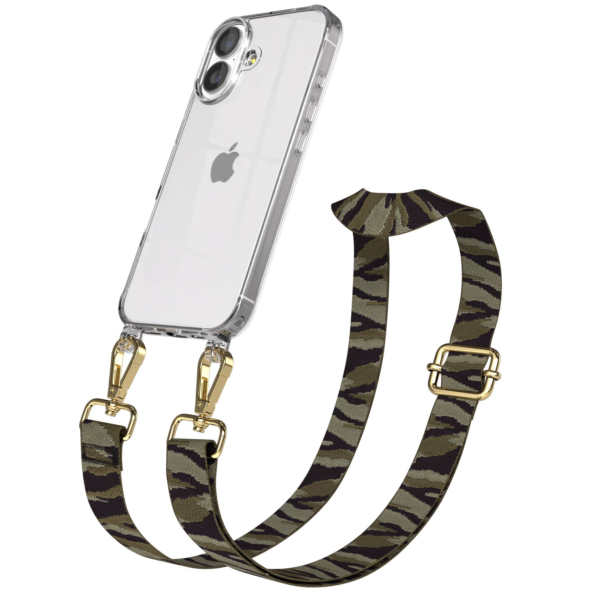 Klare Handyhülle mit Camouflage-Trageriemen und goldenen Verschlüssen.