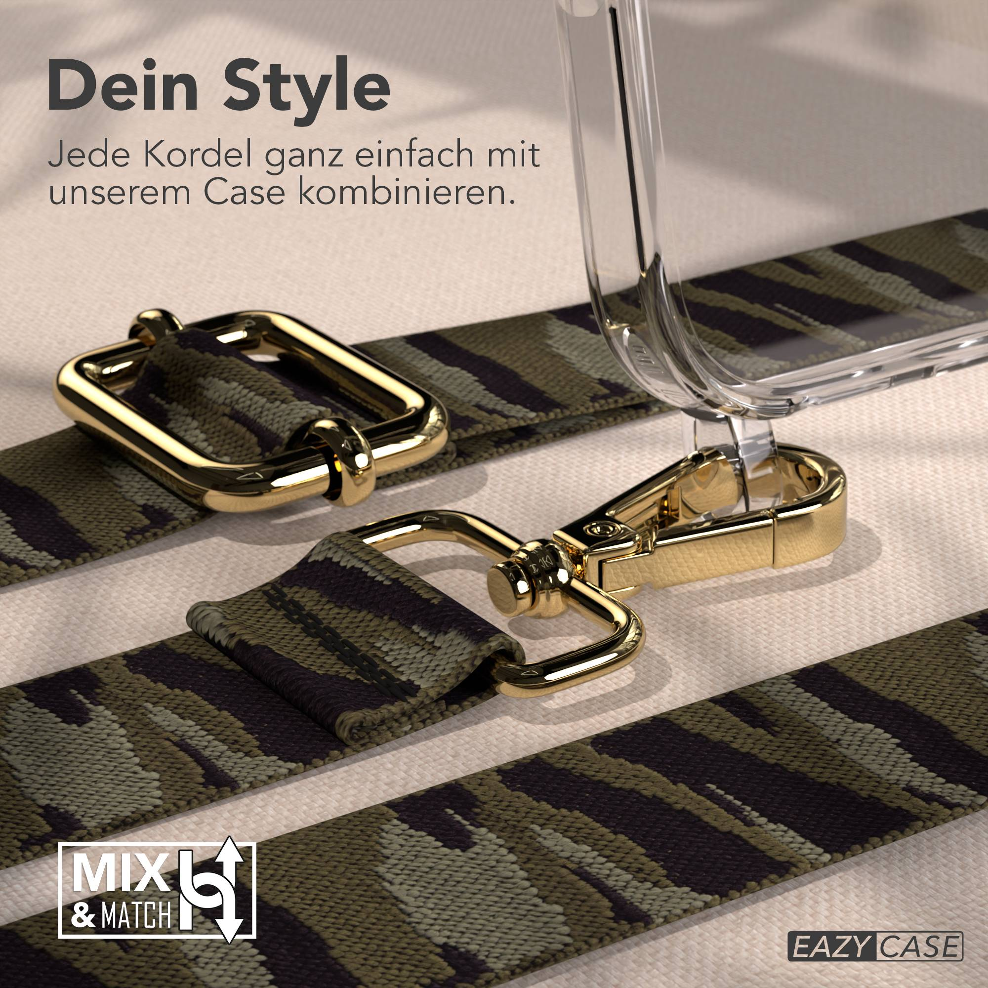 Ein transparentes Handyhülle mit einem Tarnmuster-Gurt und goldenen Beschlägen.