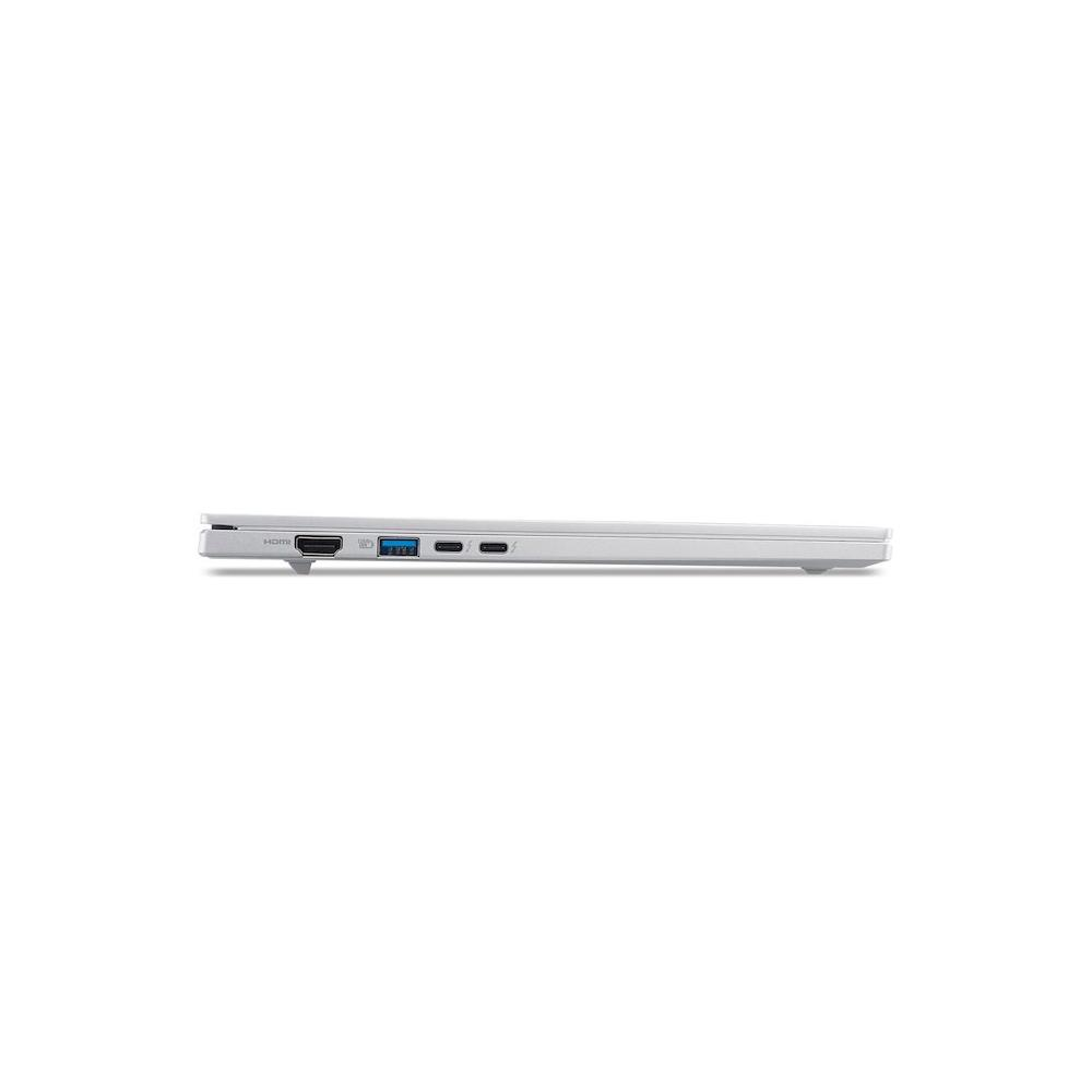 Vista laterale di un laptop bianco chiuso che mostra porte HDMI e USB.