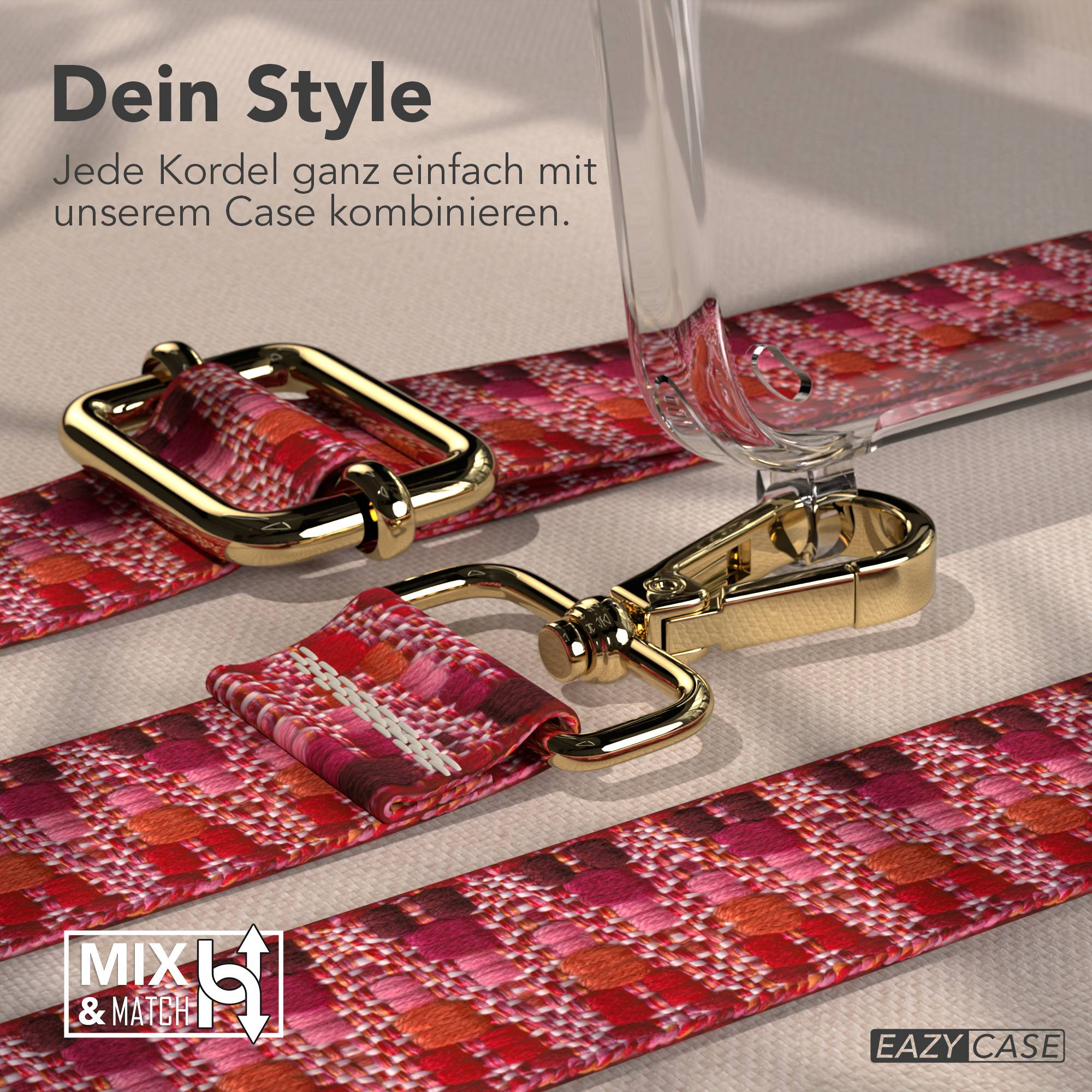 Rotes, gemustertes Band mit goldener Schnalle und Karabinerhaken.