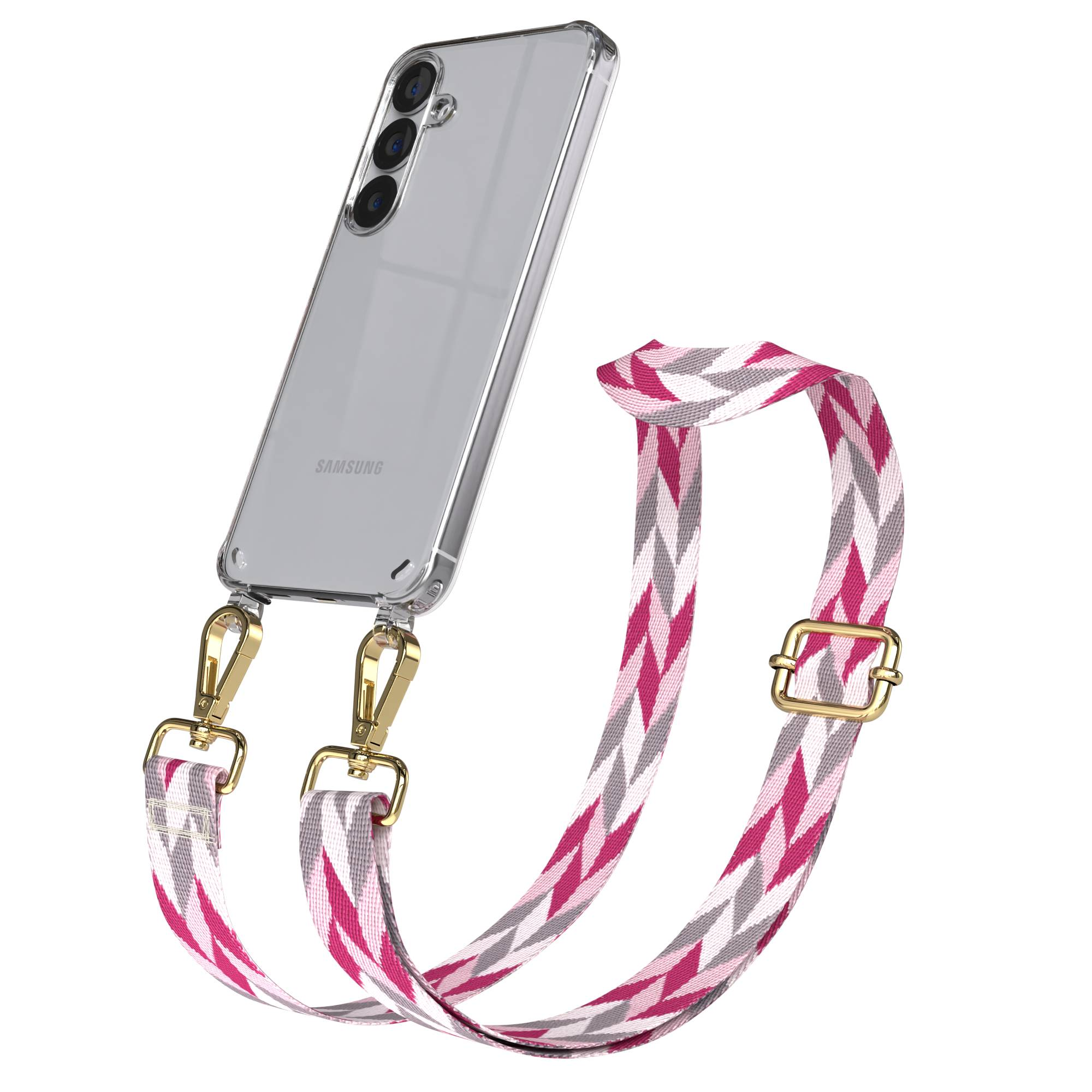 Ein Smartphone in einer durchsichtigen Hülle mit einem gemusterten Gurt.