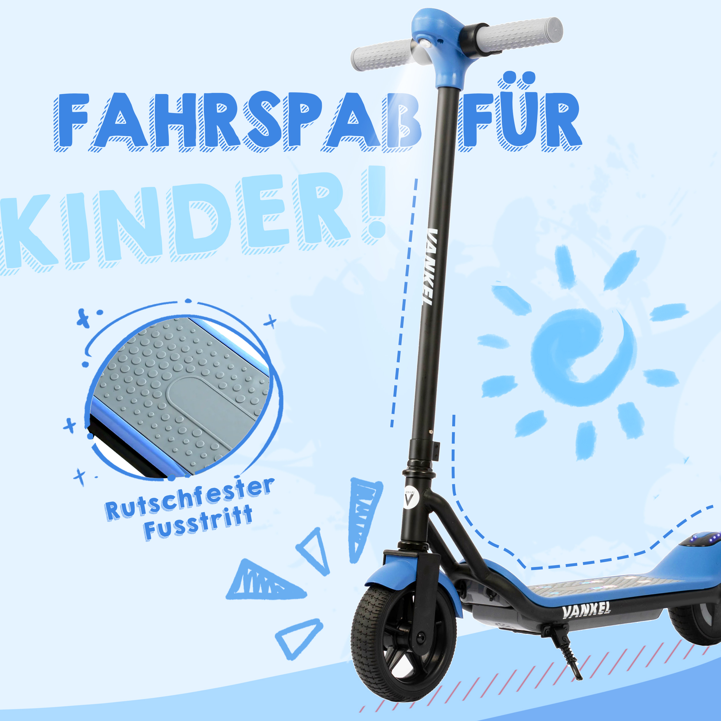 Ein blauer Vankel Elektroroller mit Text über Spaß für Kinder.