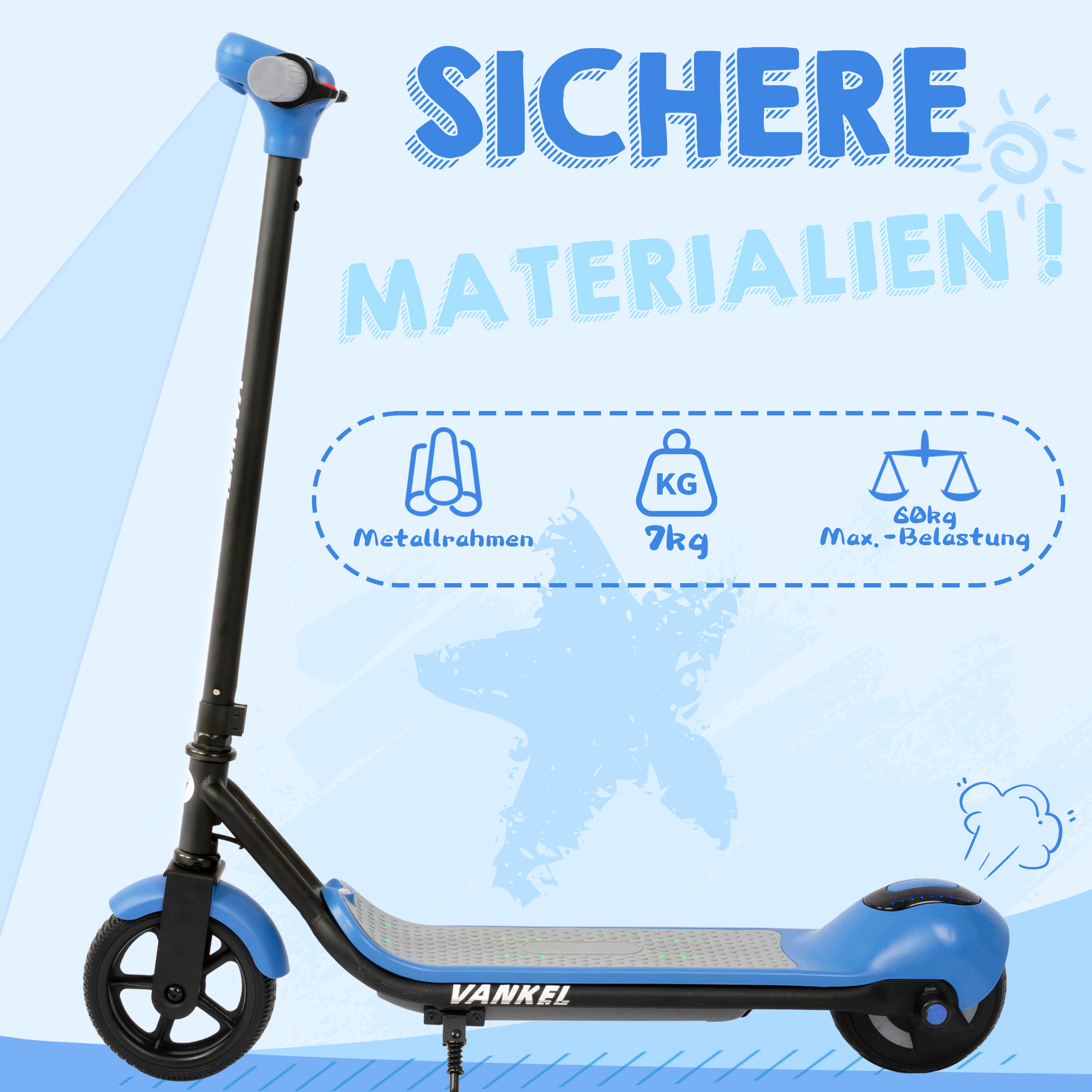Ein blauer Elektroroller mit schwarzem Lenker und "VANKEL" Logo.