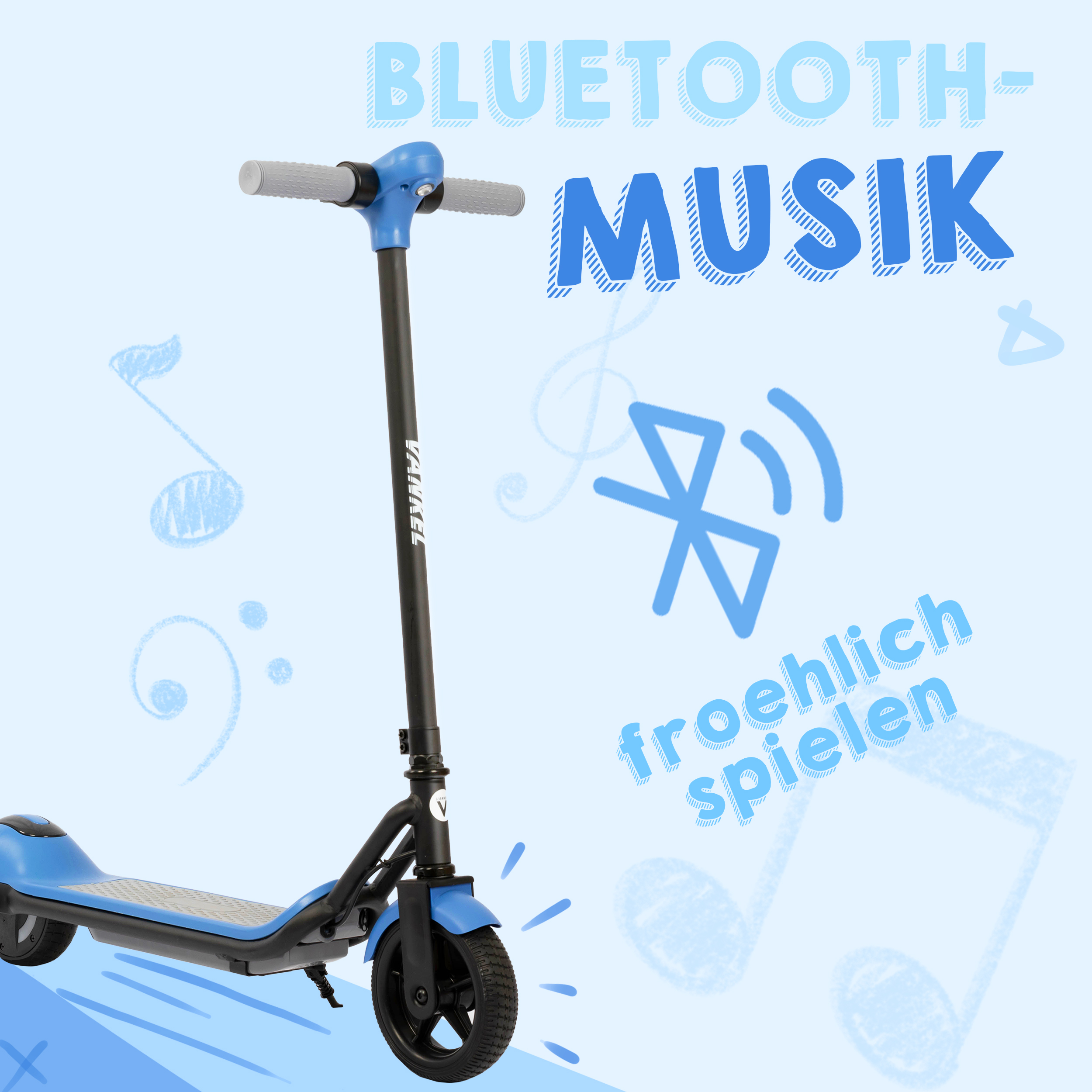 Blauer Elektroroller mit Bluetooth-Musik-Symbol und Noten.