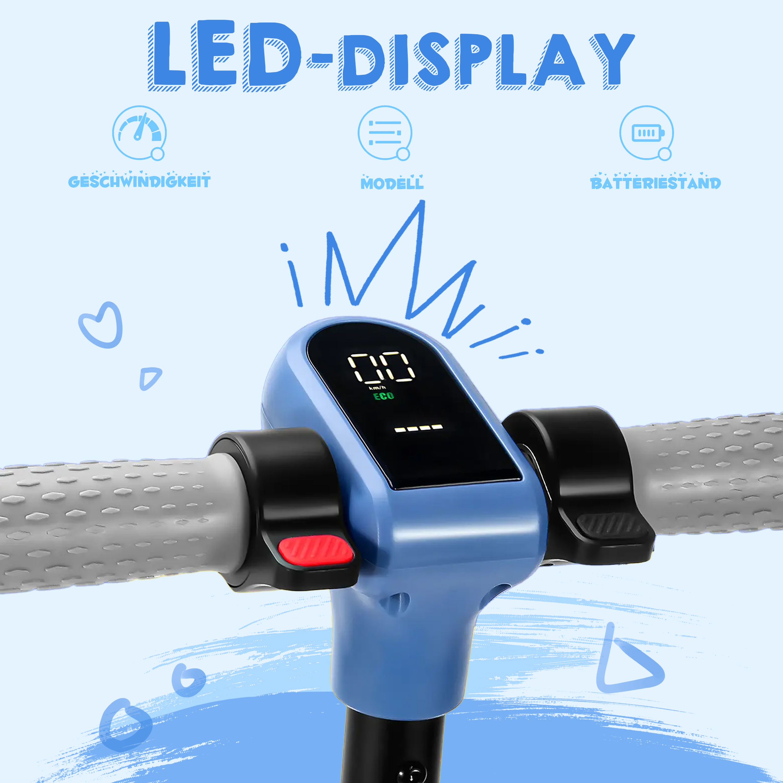 Nahaufnahme des blauen E-Scooter-Lenkers mit Digitalanzeige, die '00' km/h zeigt.