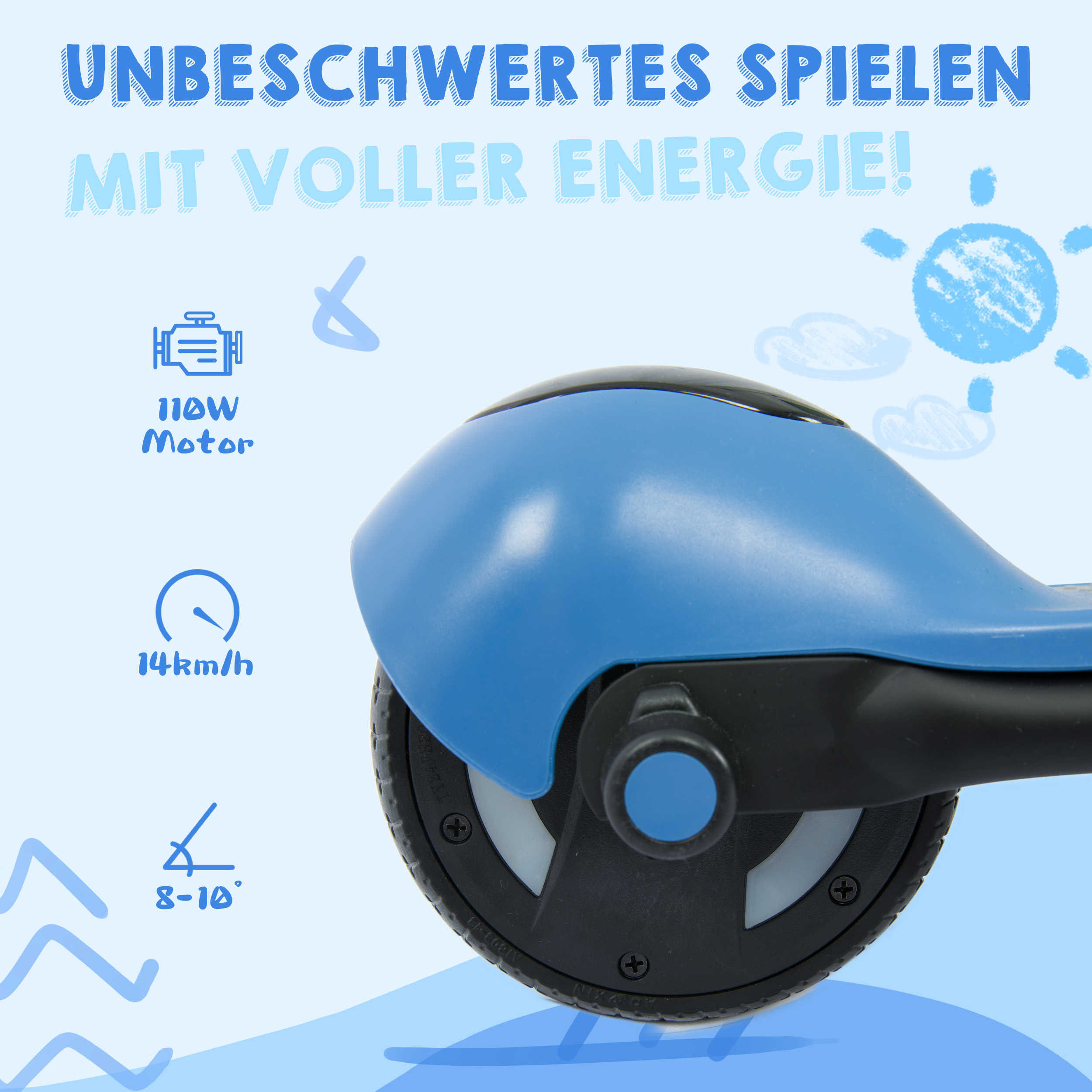 Ein blau-schwarzer Roller mit Text über Motor, Geschwindigkeit und Neigung.